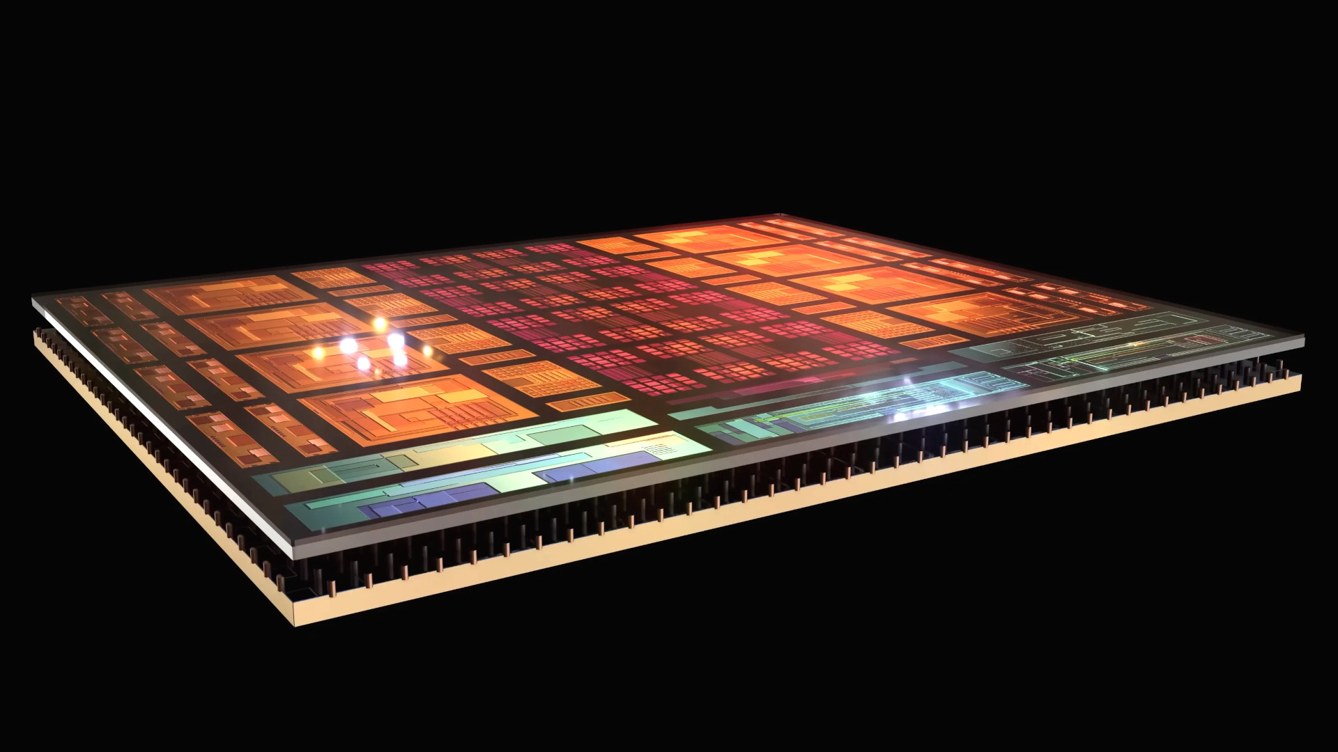 A screenshot of AMD's announcement video for the Ryzen 7 9800X3D processor, showing a stylized image of a Zen 5 CCD with the 3D V-Cache layer underneath