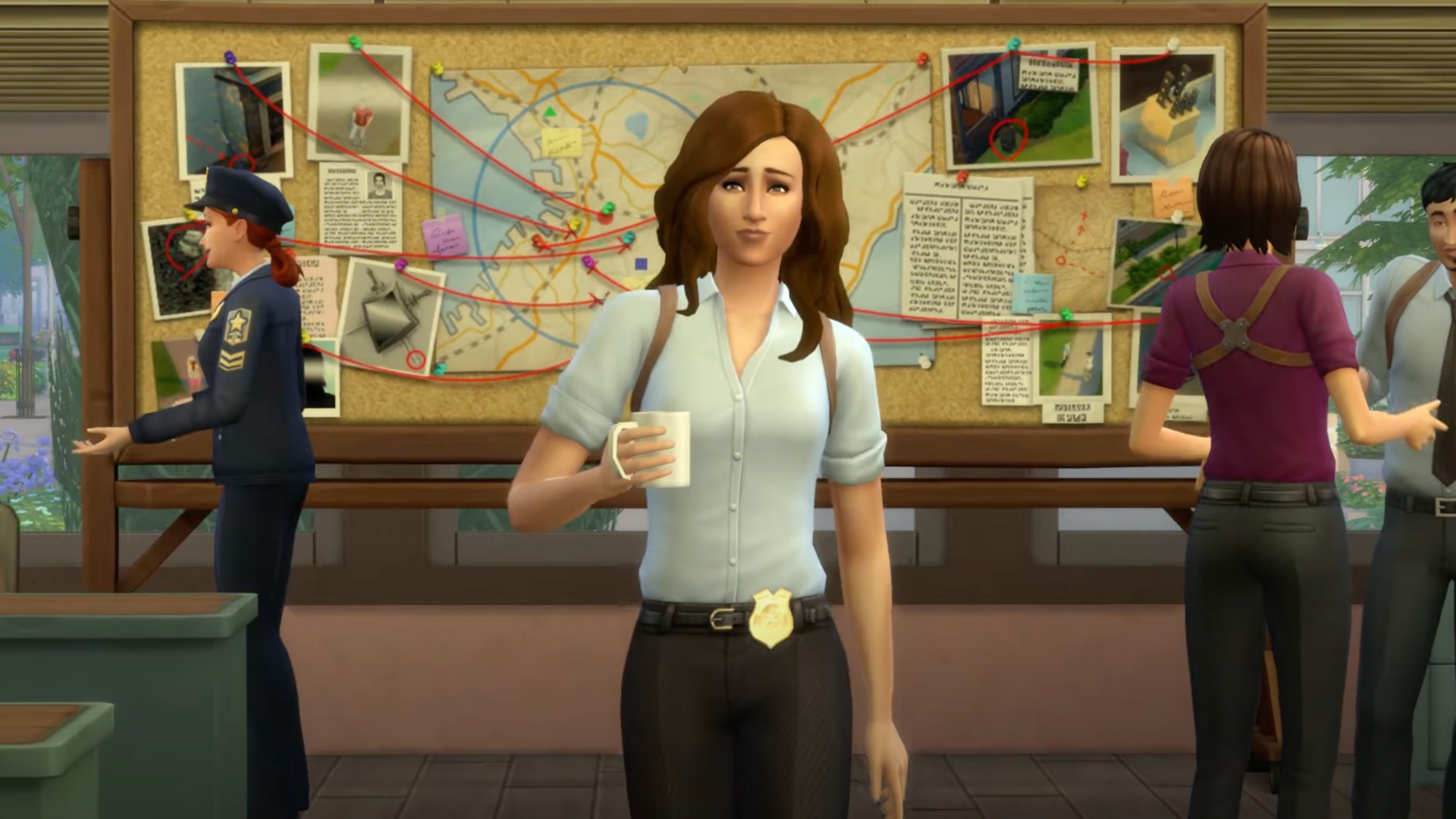 A woman working as a police officer in The Sims 4