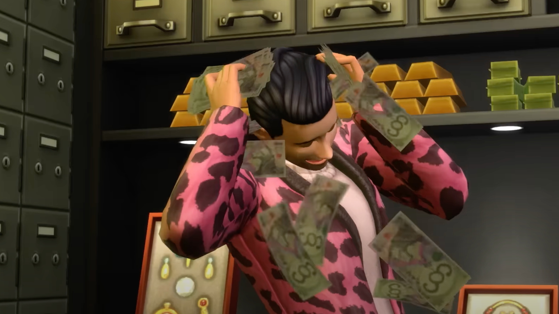 A male Sim throws money all over himself in The Sims 4