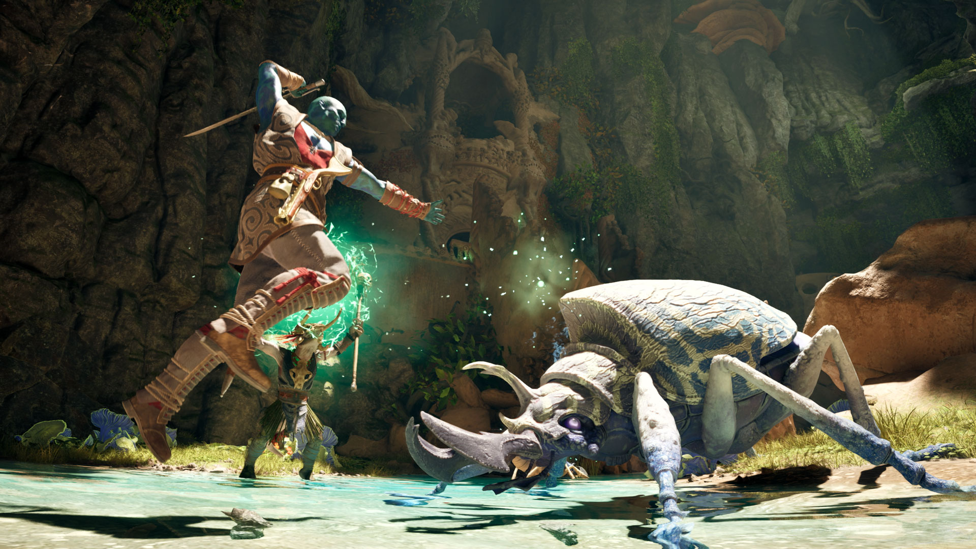 Avowed screenshot showing a companion leaping into battle against a giant beetle