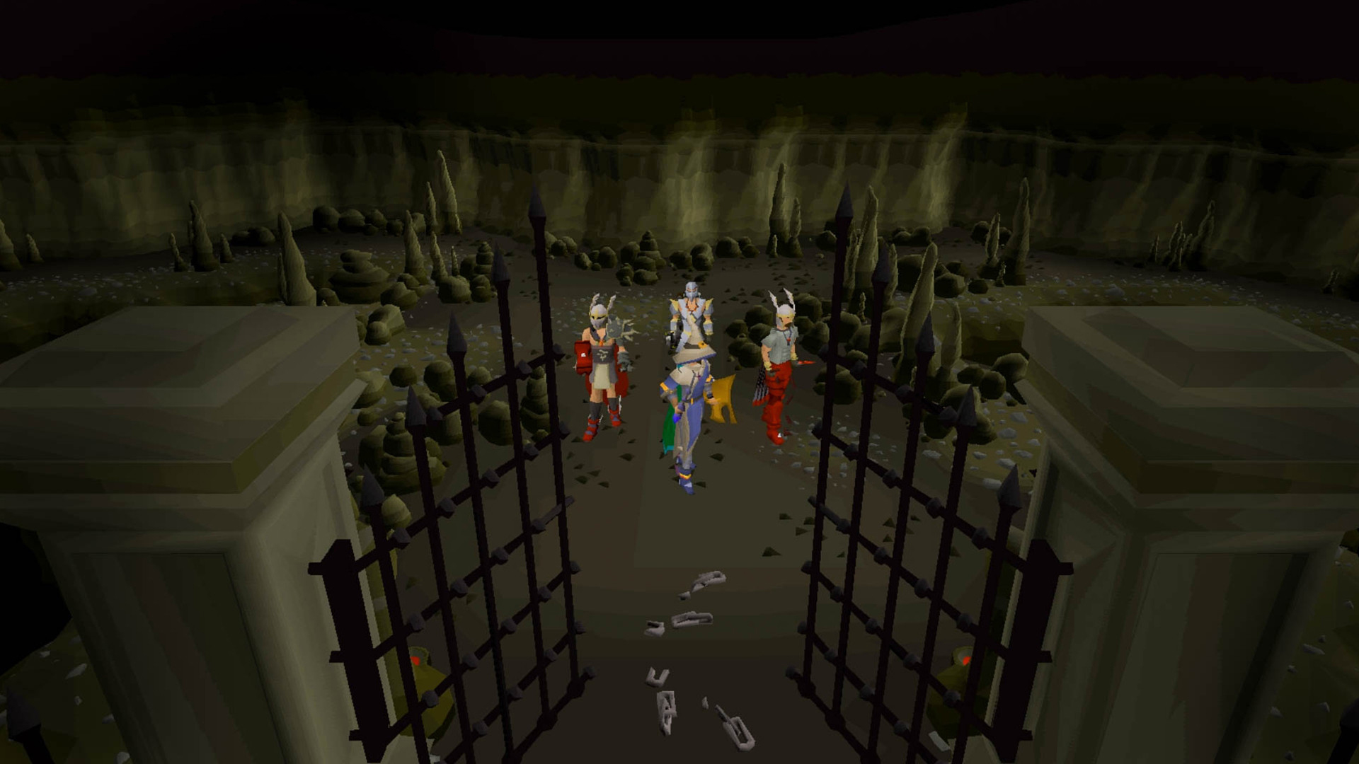 OldSchool Runescape screenshot showing four players entering a graveyard