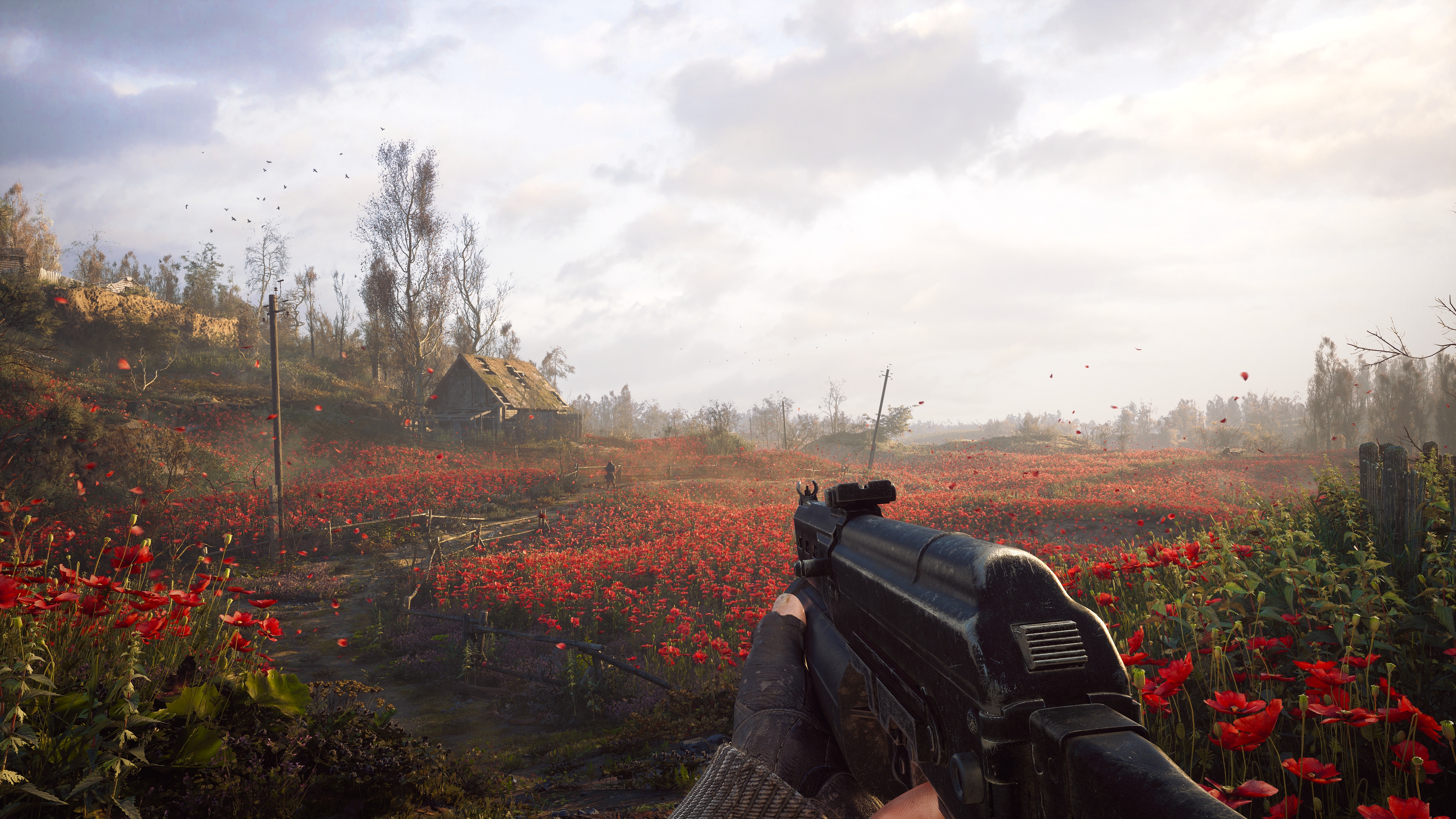 Stalker 2: Heart of Chornobyl protagonist Skif holding an assault rifle while looking out on a poppy field that can put visitors to sleep