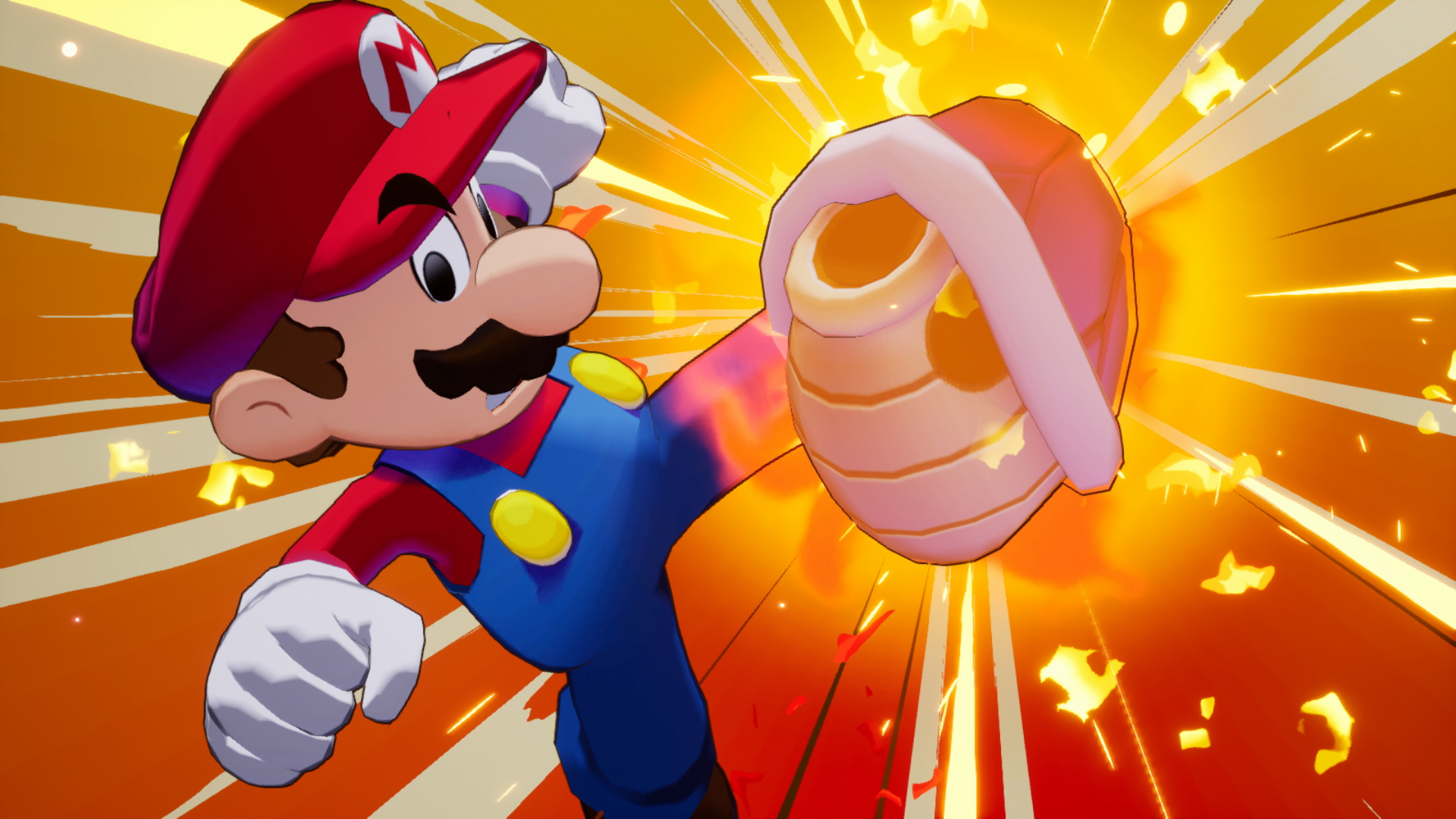 Mario kicks a red shell in Mario & Luigi: Brothership with a dramatic camera angle