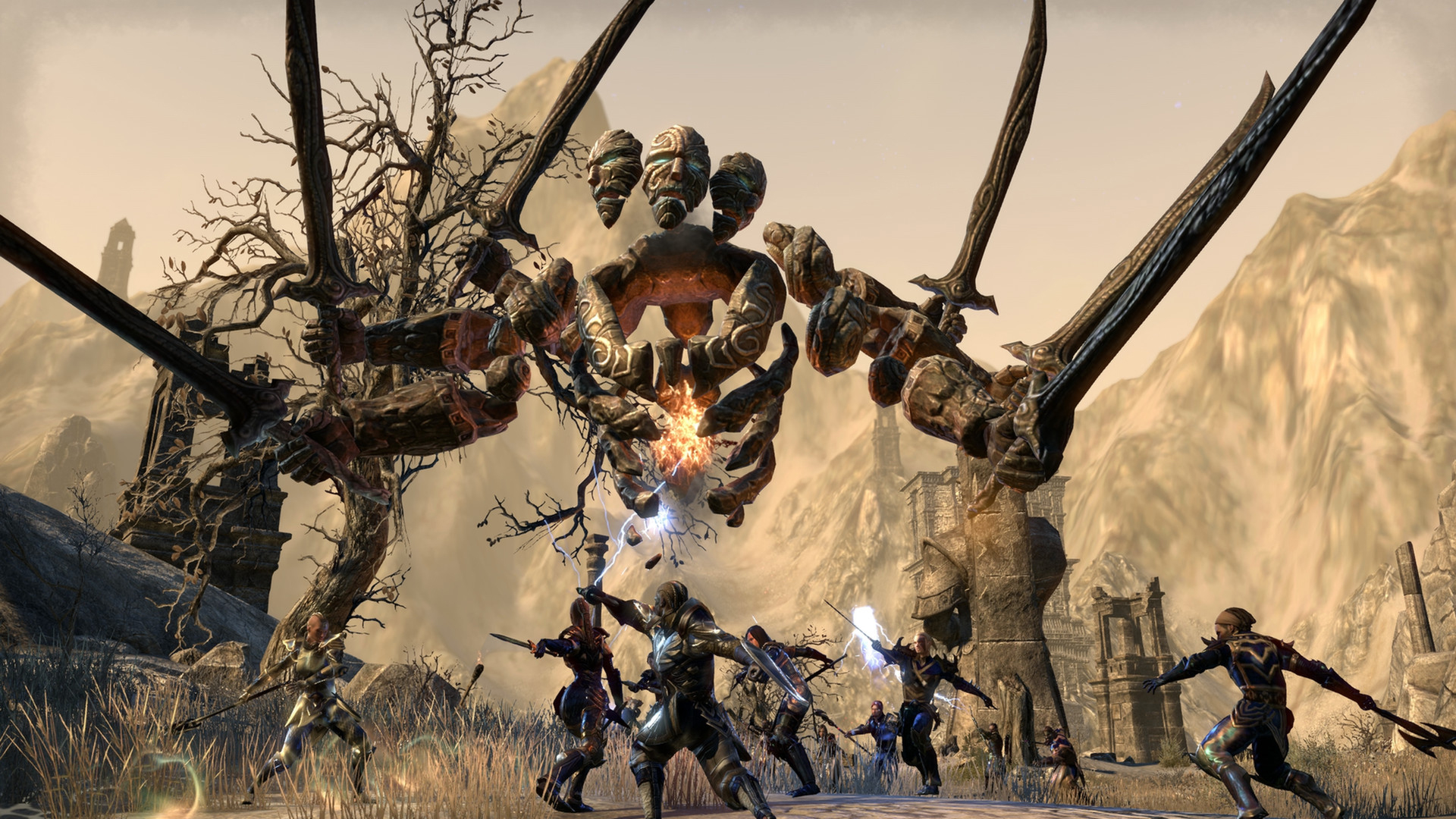 The Elder Scrolls Online screenshot showing multiple heroes coming together to fight an ESO beast