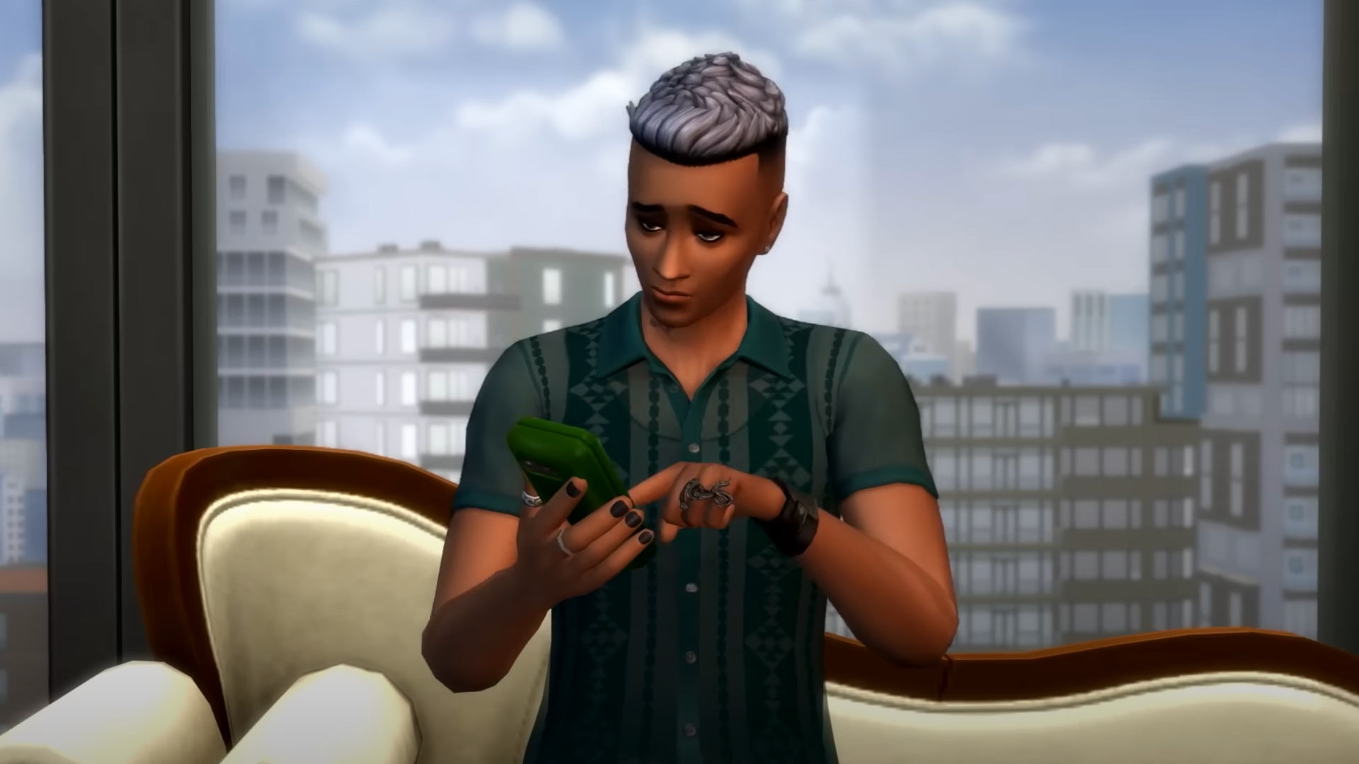 A man looks at his phone in The Sims 4