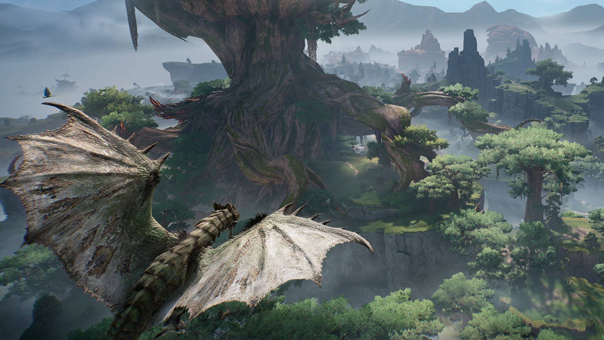 A promotional image for Monster Hunter Outlanders, showing a dragon-like monster flying over a lush, green area.