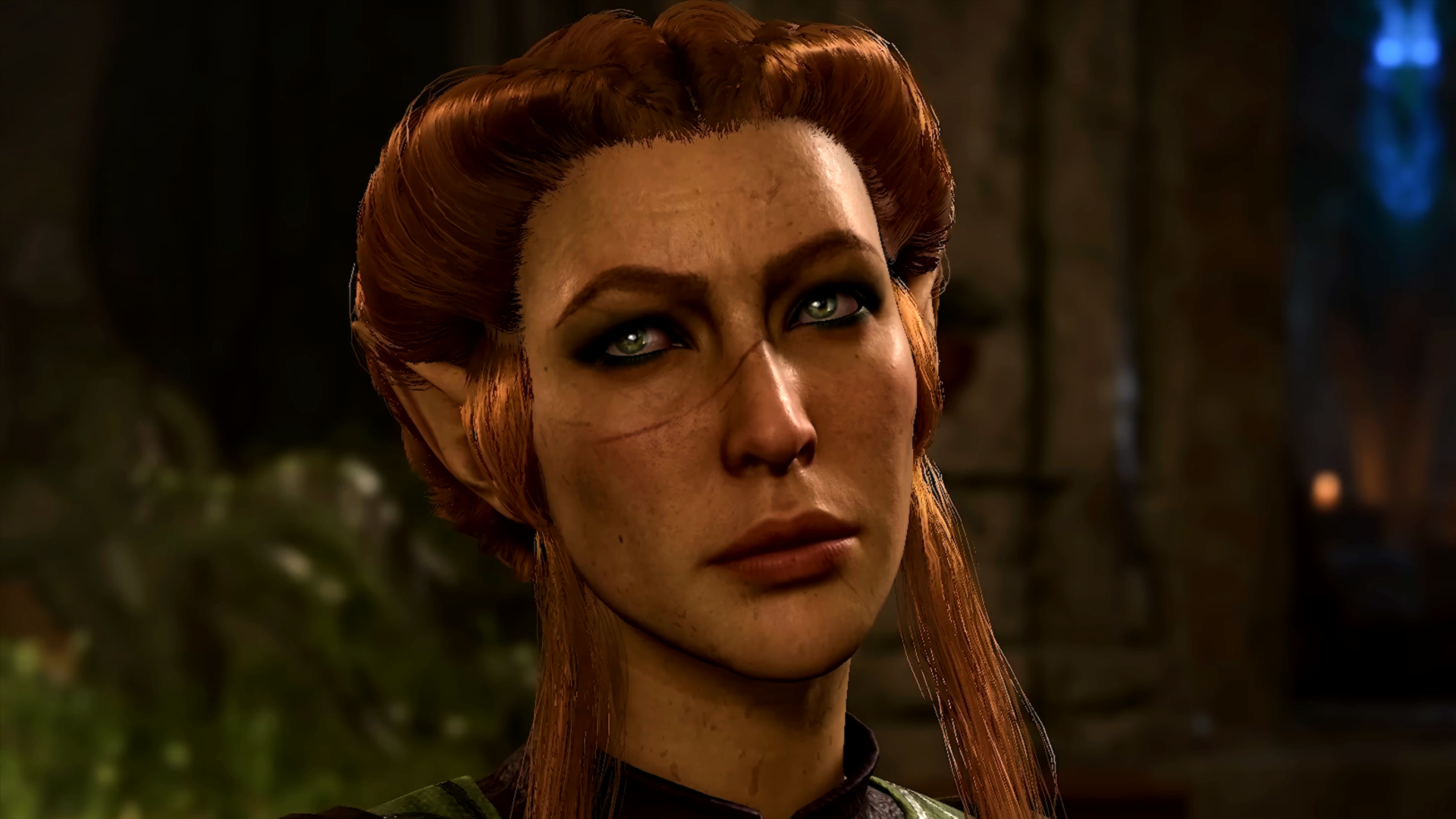 Baldur's Gate 3 screenshot showing an elf woman with lengthy thick red hair and a defining long scar along her face