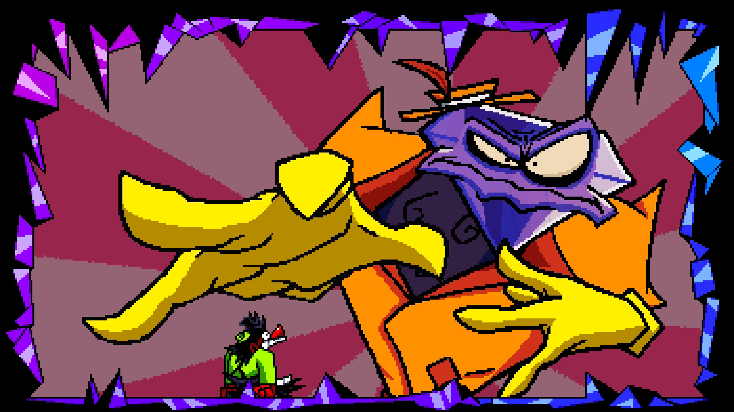 Anton encounters the first boss in Antonblast, with a jewel head, a bright orange suit, and bright yellow gloves, the pose references a classic Daffy Duck cartoon