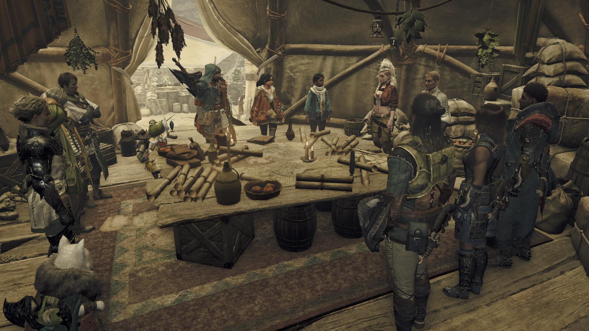 The base camp expedition command tent in Monster Hunter Wilds where allies surround a table