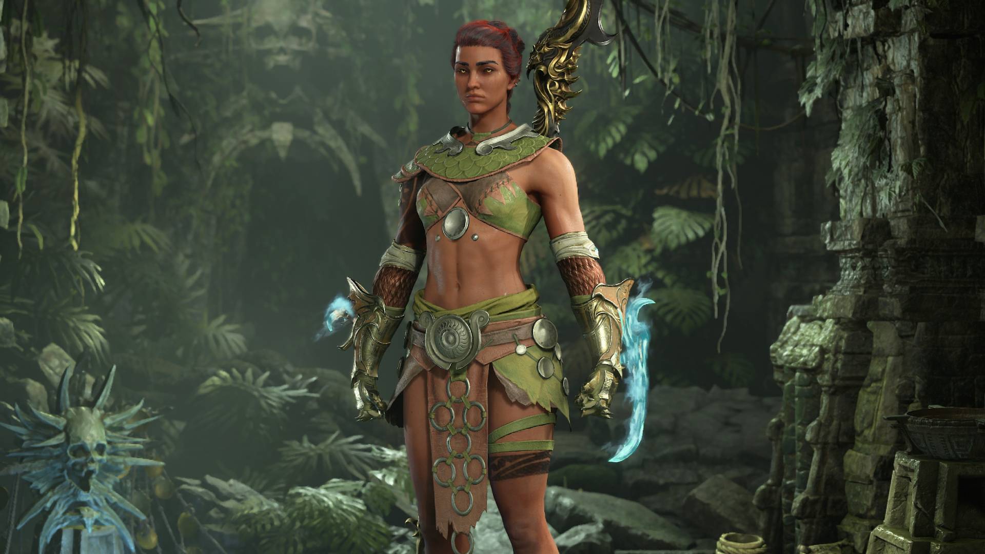 A muscular Diablo 4 spiritborn character wearing green armor on a dark jungle-themed background