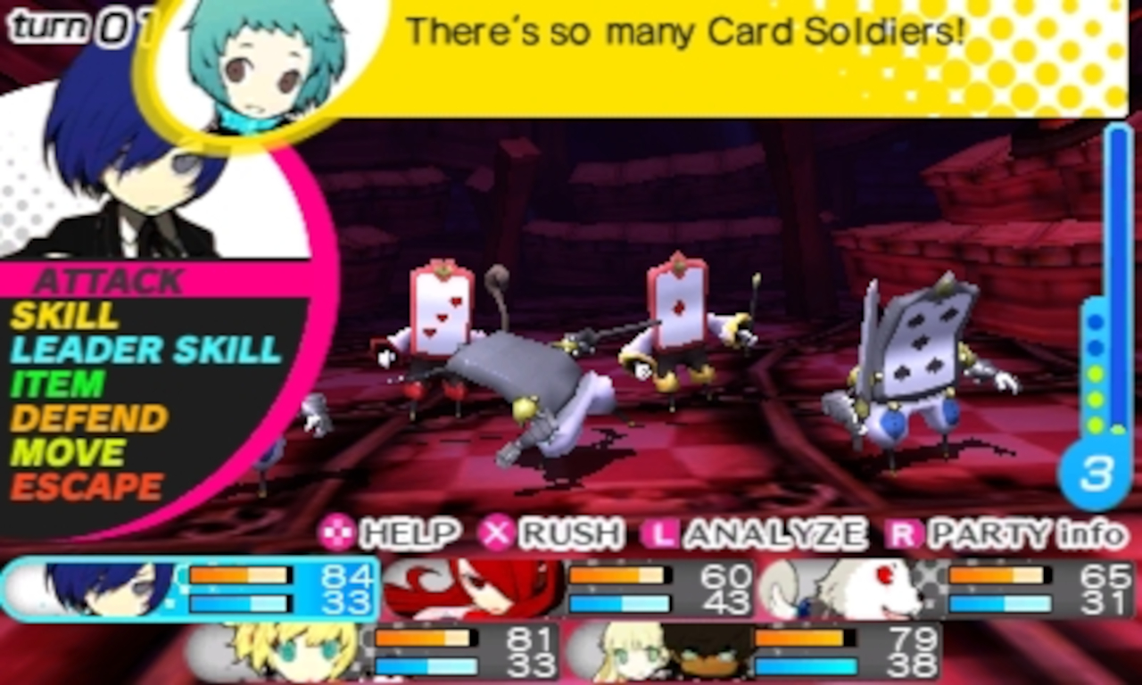 A battle in Persona Q, where the protagonist is selected to fight. Fuuka is telling the player that "There's so many Card Soldiers!" You have the options to: Attack, Skill, Leader Skill, Item, Defend, Move, Escape, Help, Rush, Analyze, Party Info