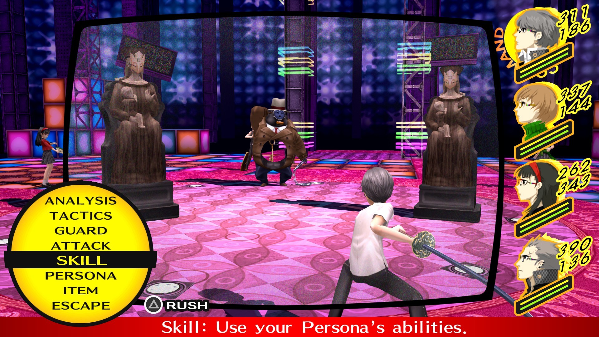 The protagonist gets ready to battle in a TV setting in Persona 4 Golden