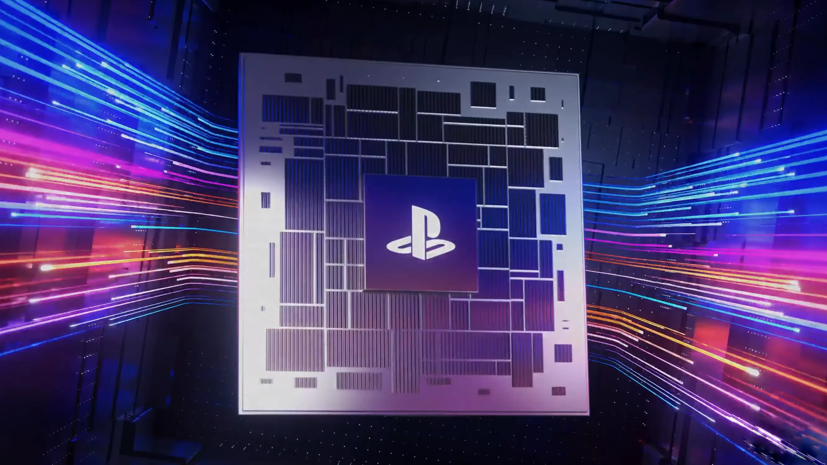 A screenshot from Sony's PlayStation 5 Pro announcement video, showing a stylized processor against a dark background with glowing lines streaming from its edges