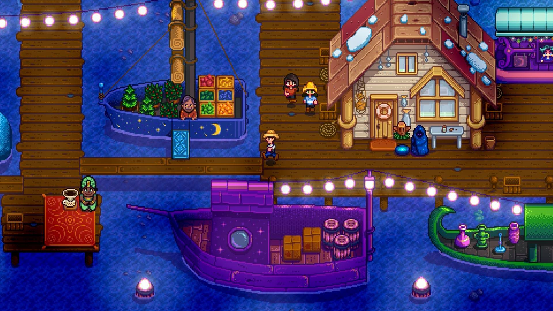 Stardew Valley screenshot at the docks during the Night Market festival.