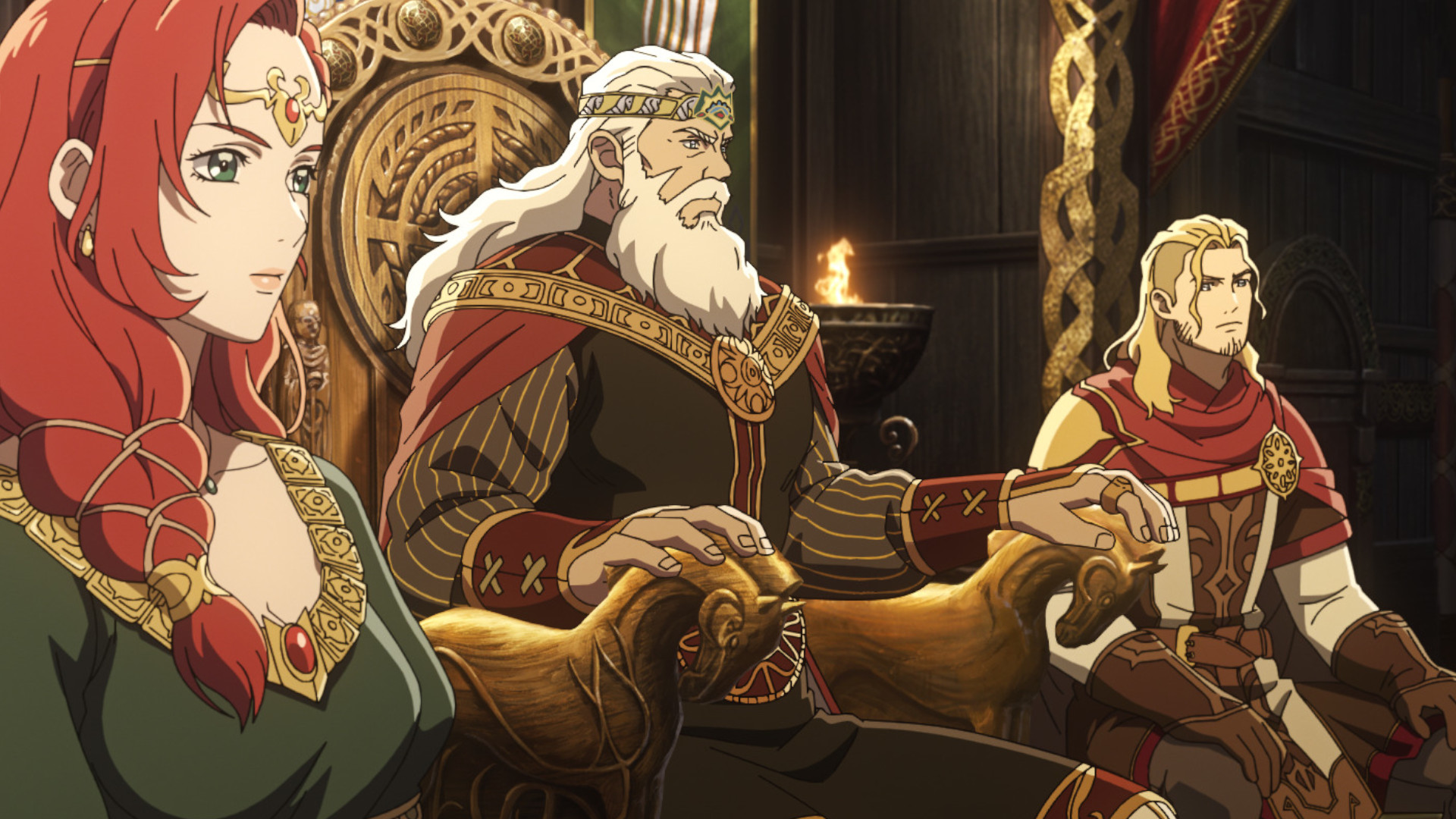 Helm Hammerhand and his family in the throne room during the upcoming movie, Lord of the Rings: War of the Rohirrim.