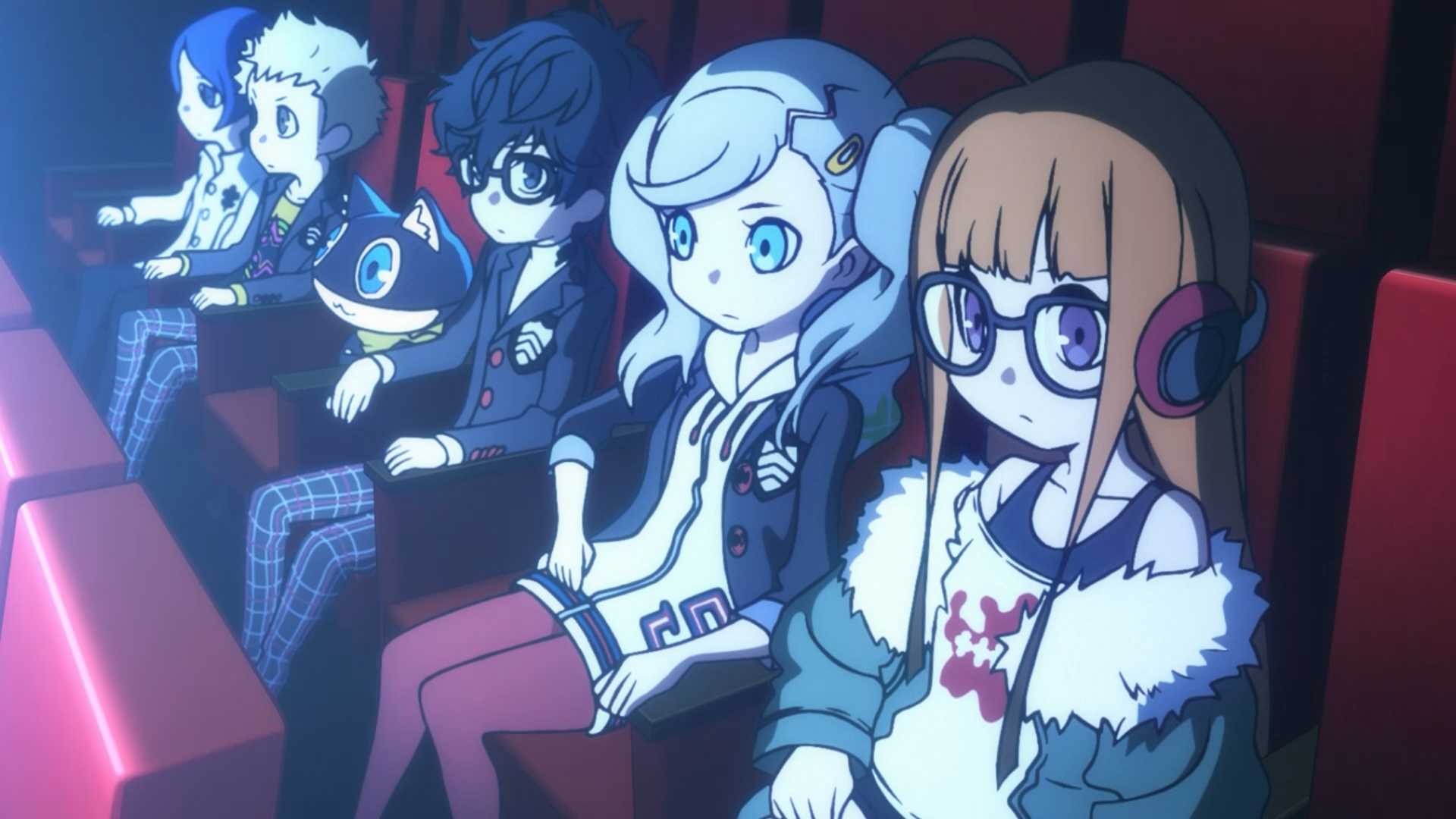 The cast of Persona 5 sit in cinema seats, about to enter the world of Persona Q2