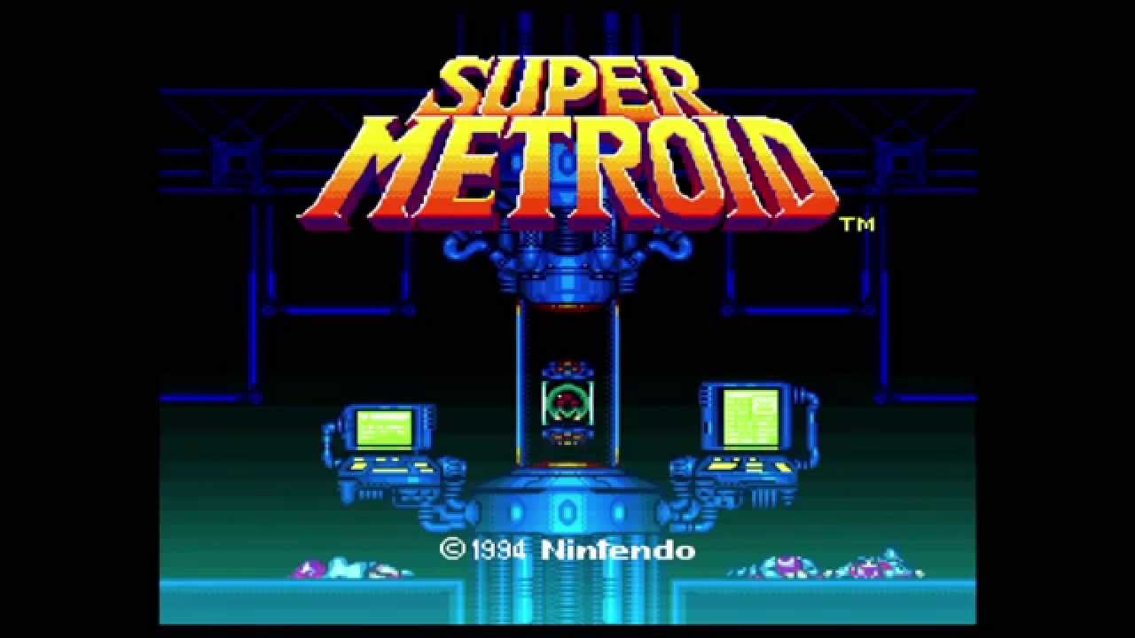 The title screen to Super Metroid, showing a titular metroid in a lab with bodies of scientists strewn around it, computer monitors lit up green. What happened here? Well, press start to find out.