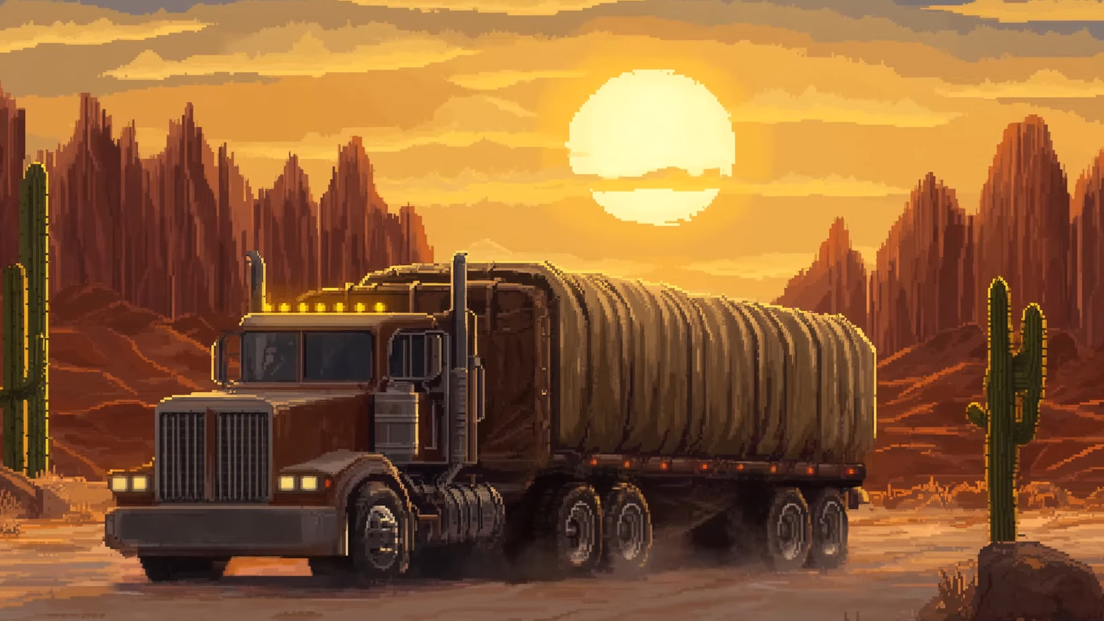 A large truck in the desert during sunset