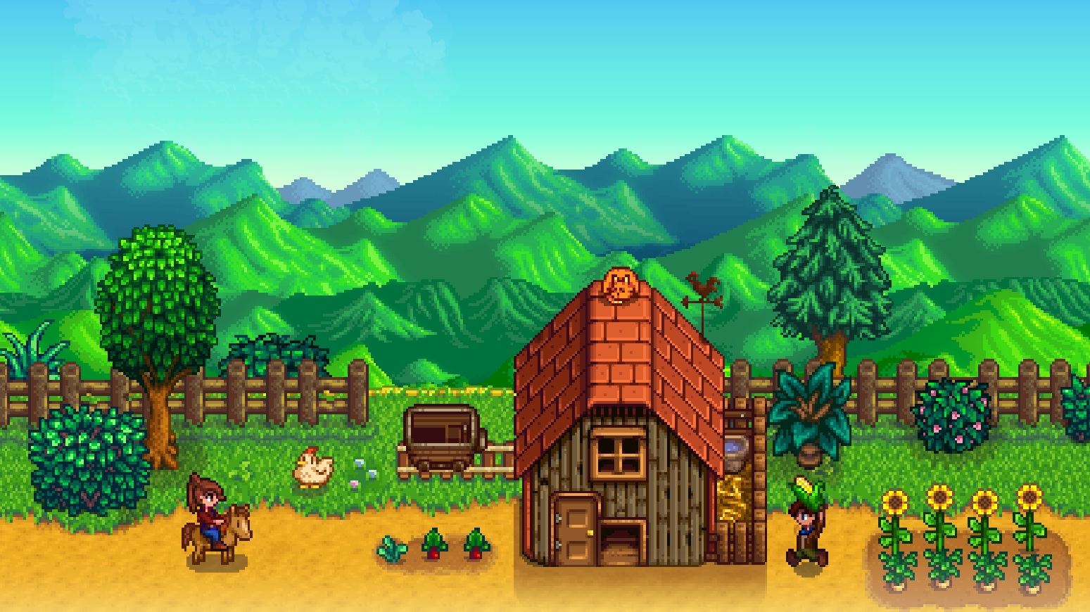 Stardew Valley key art - a player on a horse rides near a farmhouse while another harvests corn.