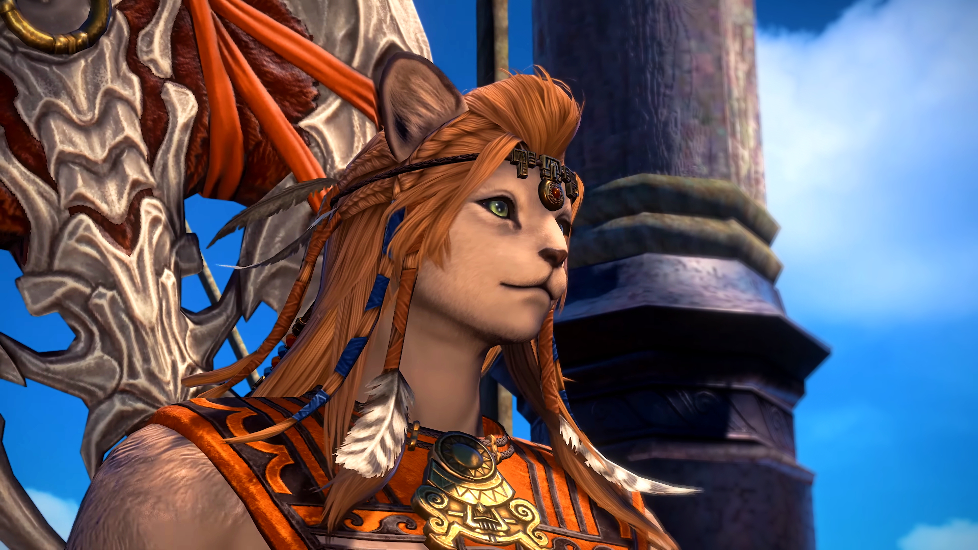 Final Fantasy 14 Dawntrail trailer screenshot showing Wuk Lamat, a Hrothgar woman with fiery long hair, aboard a ship at sea