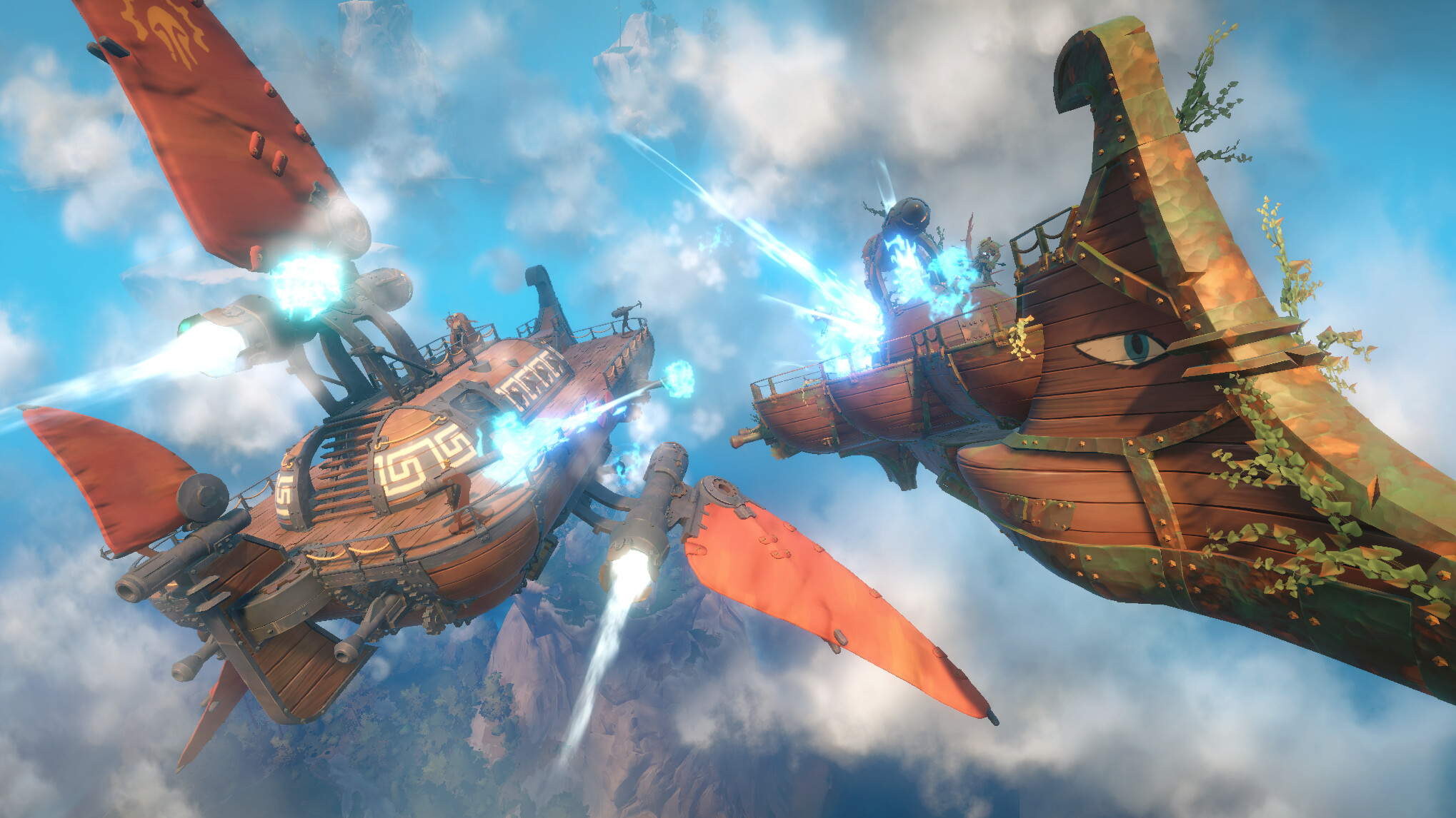 Two airships fire broadsides into each other's hull in Echoes of Elysium.