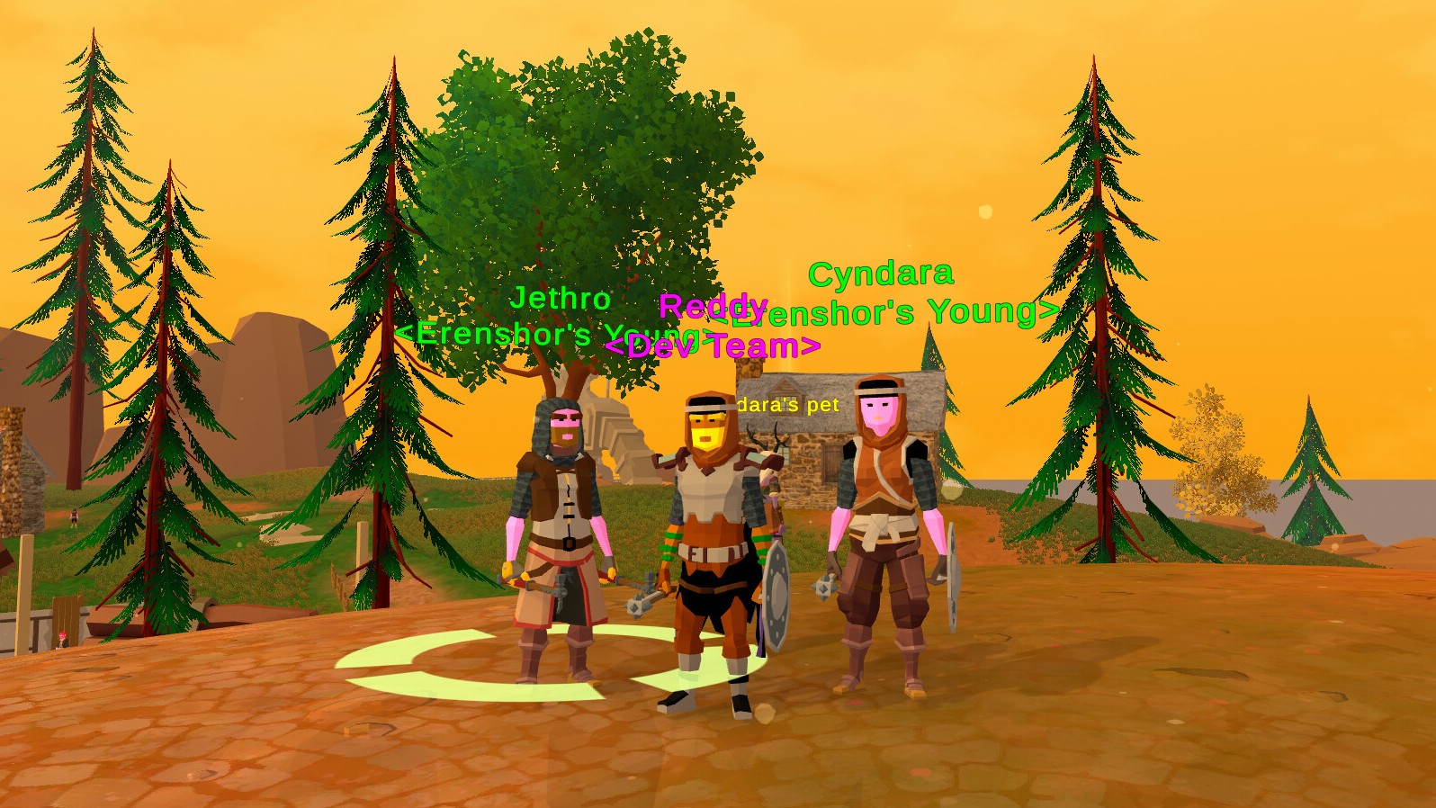 Erenshor - A player and two simulated MMO party members stand on a plateau in front of a yellow landscape