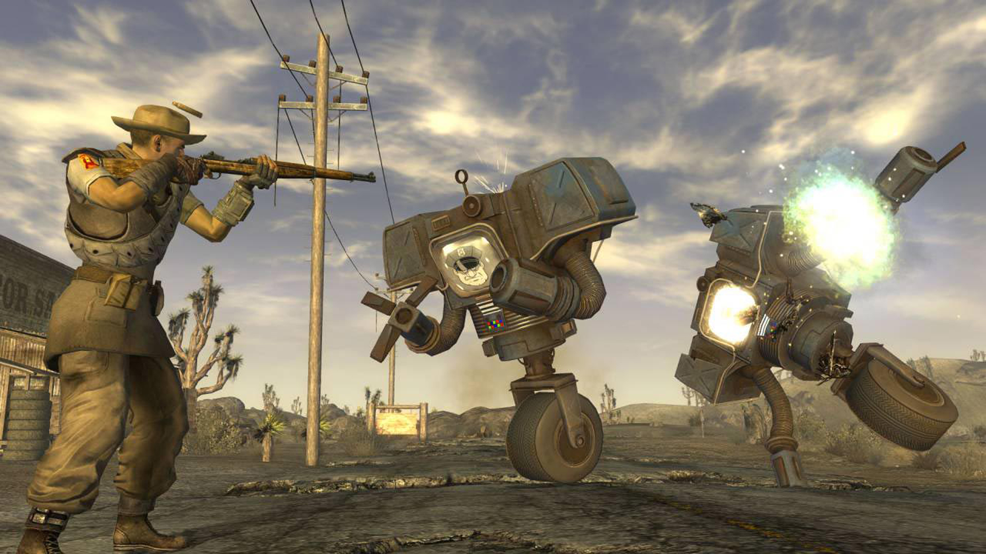 A player shooting Securitrons Fallout: New Vegas