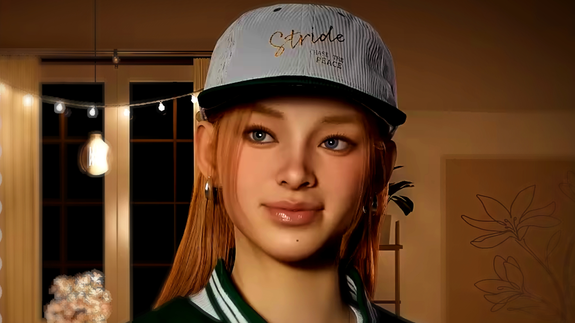 inZOI Character Studio trailer screenshot showing a young woman with ginger-y hair and a light baseball cap smiling to the side