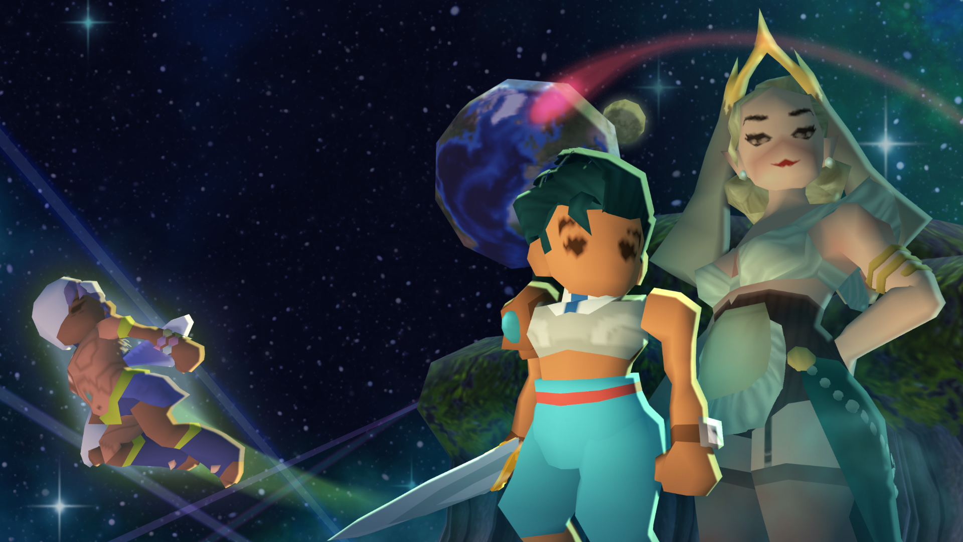 A screenshot shows the pixel art characters of Angeline Era floating through stars.