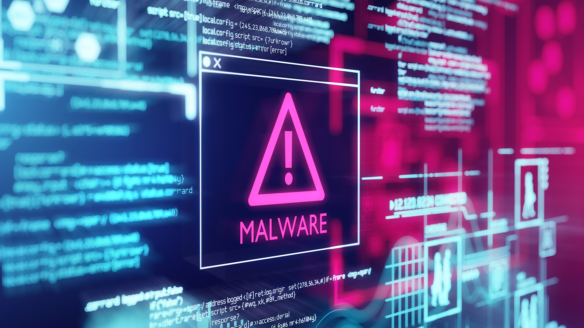 ccyf3k4evxrfkjunbj5zrh A computer screen with program code warning of a detected malware script program. 3d illustration