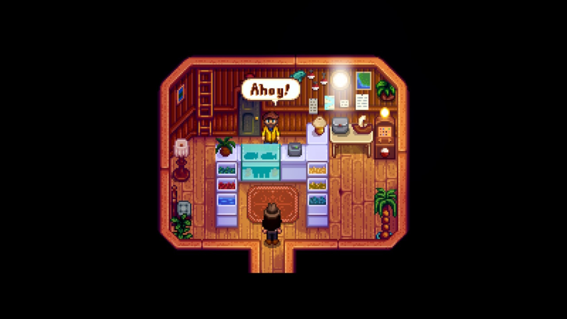 Willy greets a player at his fish shop in Stardew Valley