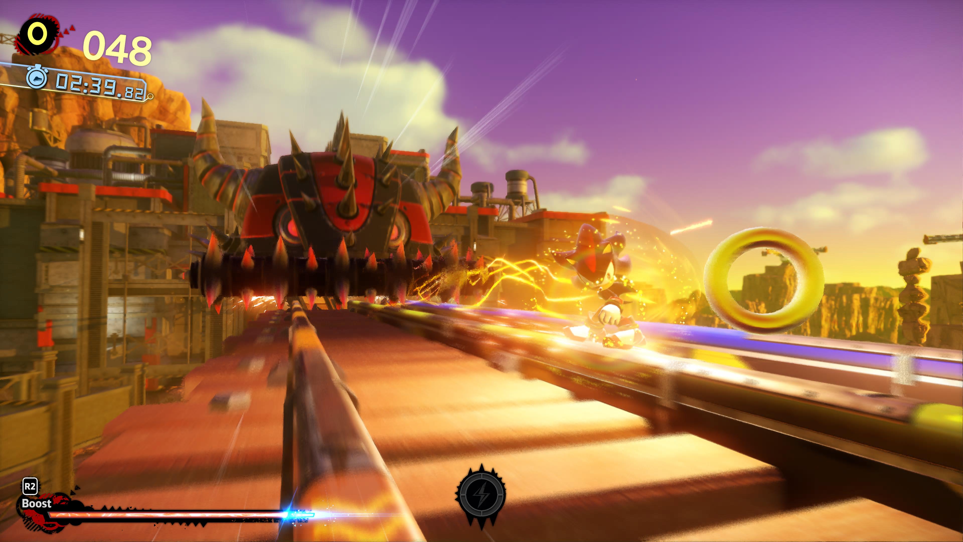 Shadow boosts away from a huge and deadly train in Rail Canyon in Sonic X Shadow Generations