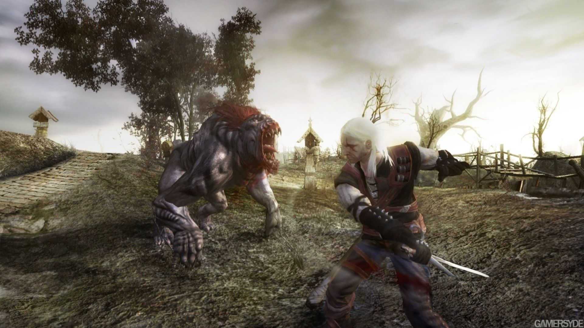 A screenshot from The Witcher 1, showing Geralt slashing at a hairy beast