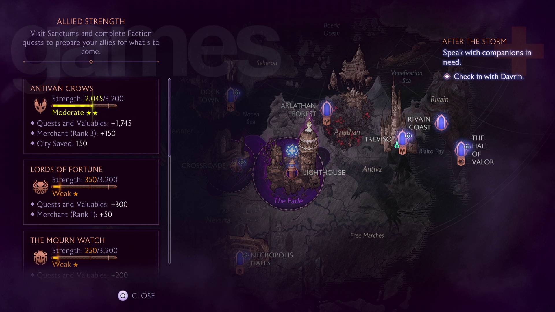 Dragon Age The Veilguard factions allied strength menu on world map