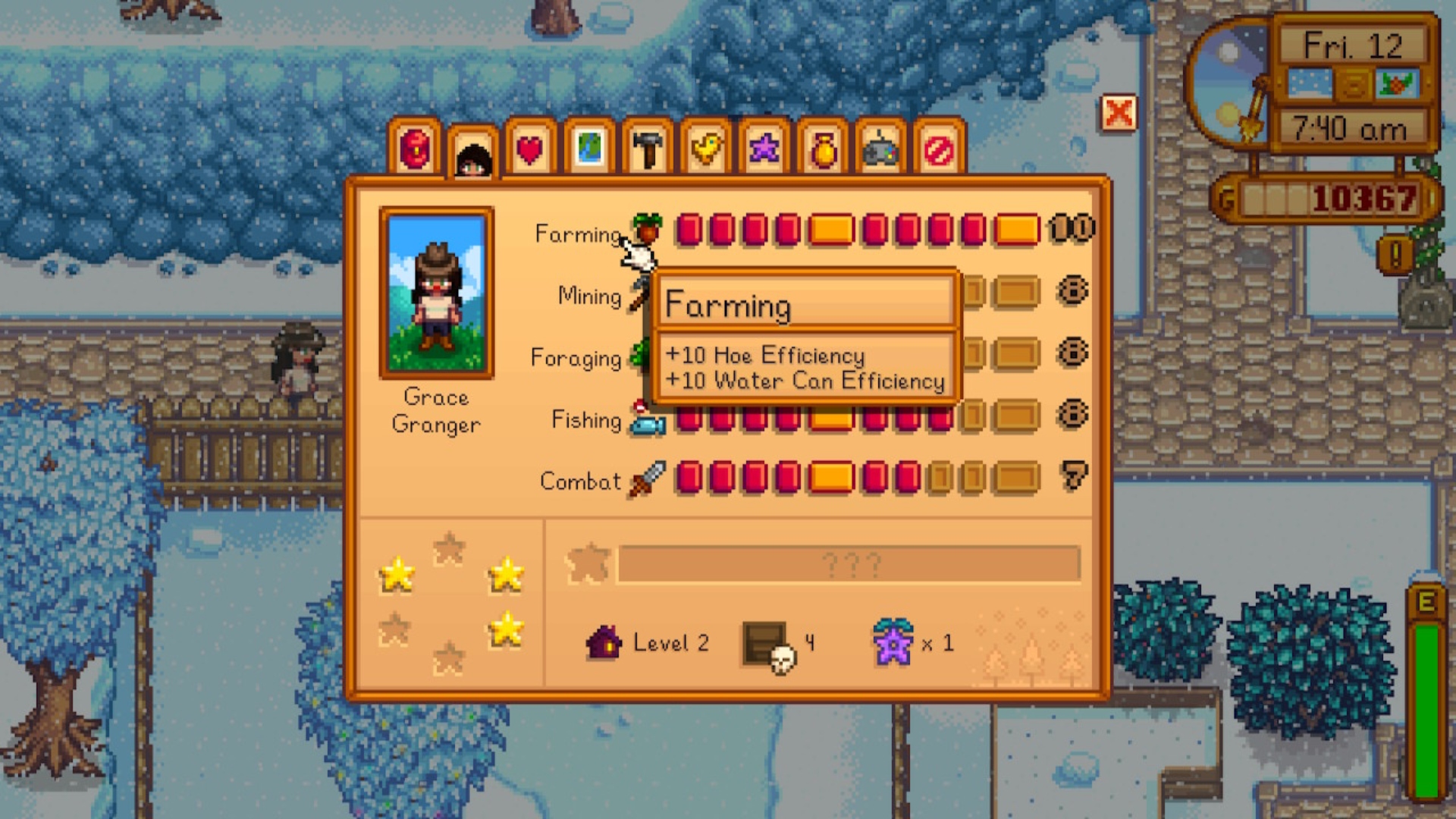 The menu in Stardew Valley shows a level ten fishing skill