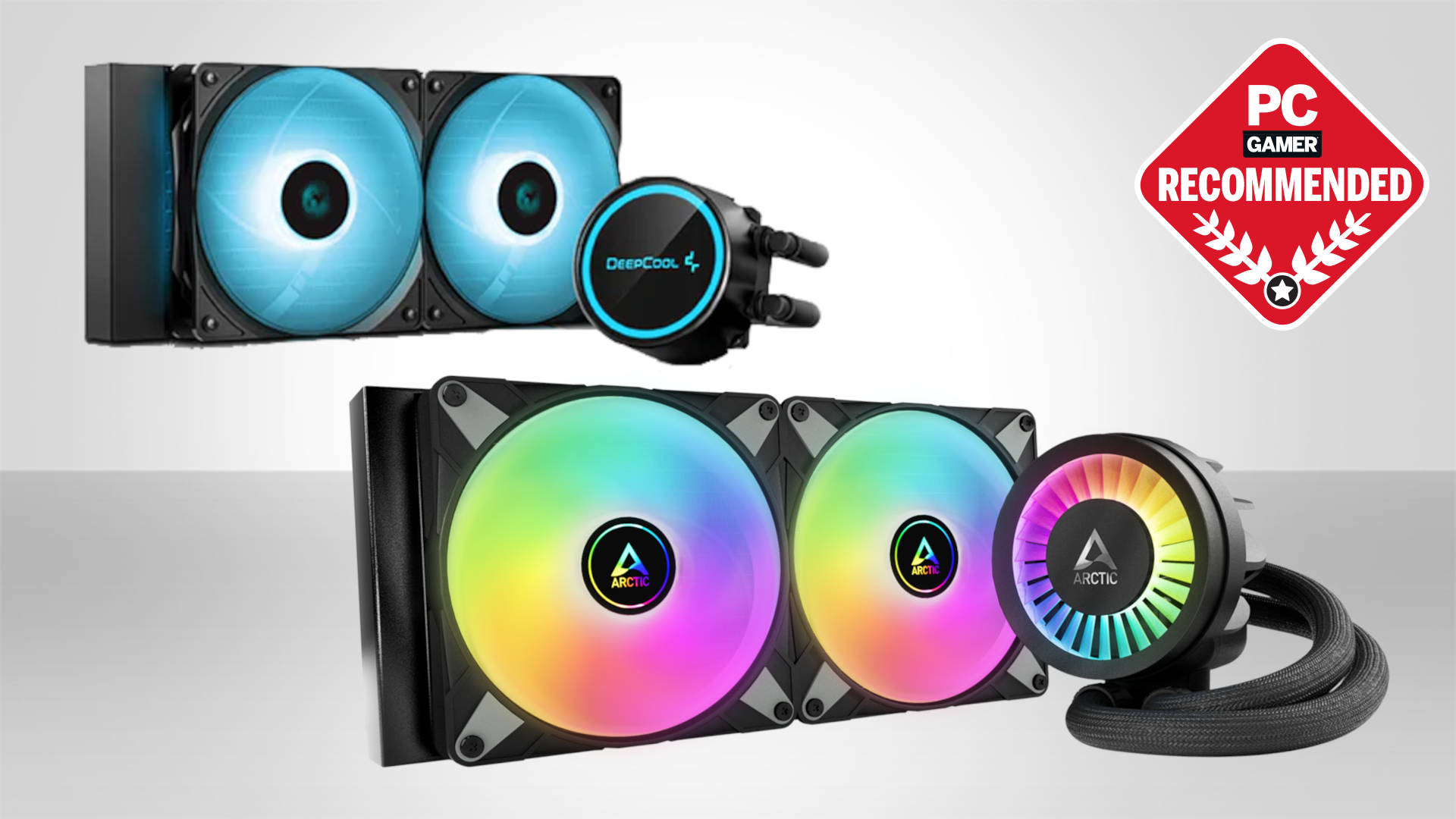 An Arctic Liquid Freezer III and Deepcool Gammaxx S240 pair of AIO liquid CPU coolers against a split grey background, with a PC Gamer Recommended logo in the top right corner