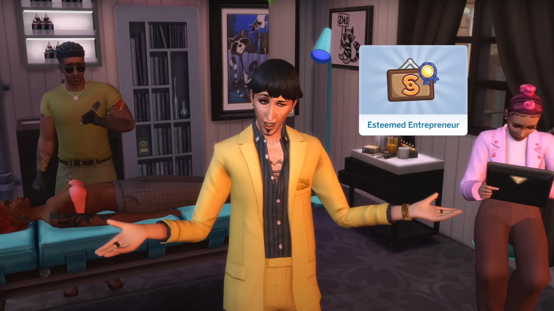 A Sim celebrates his tattoo shop in The Sims 4 Businesses and Hobbies