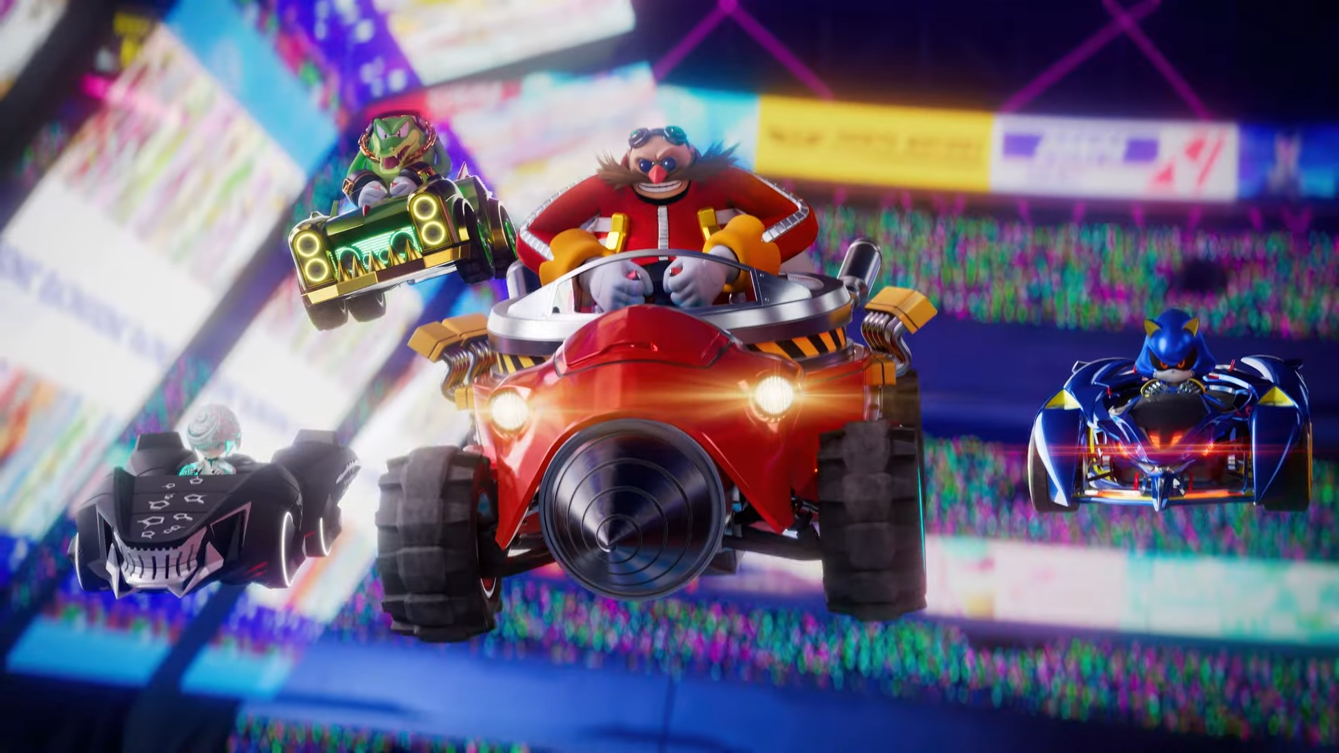 Sonic Racing CrossWorlds, showing various racing competitors hurtling through the air