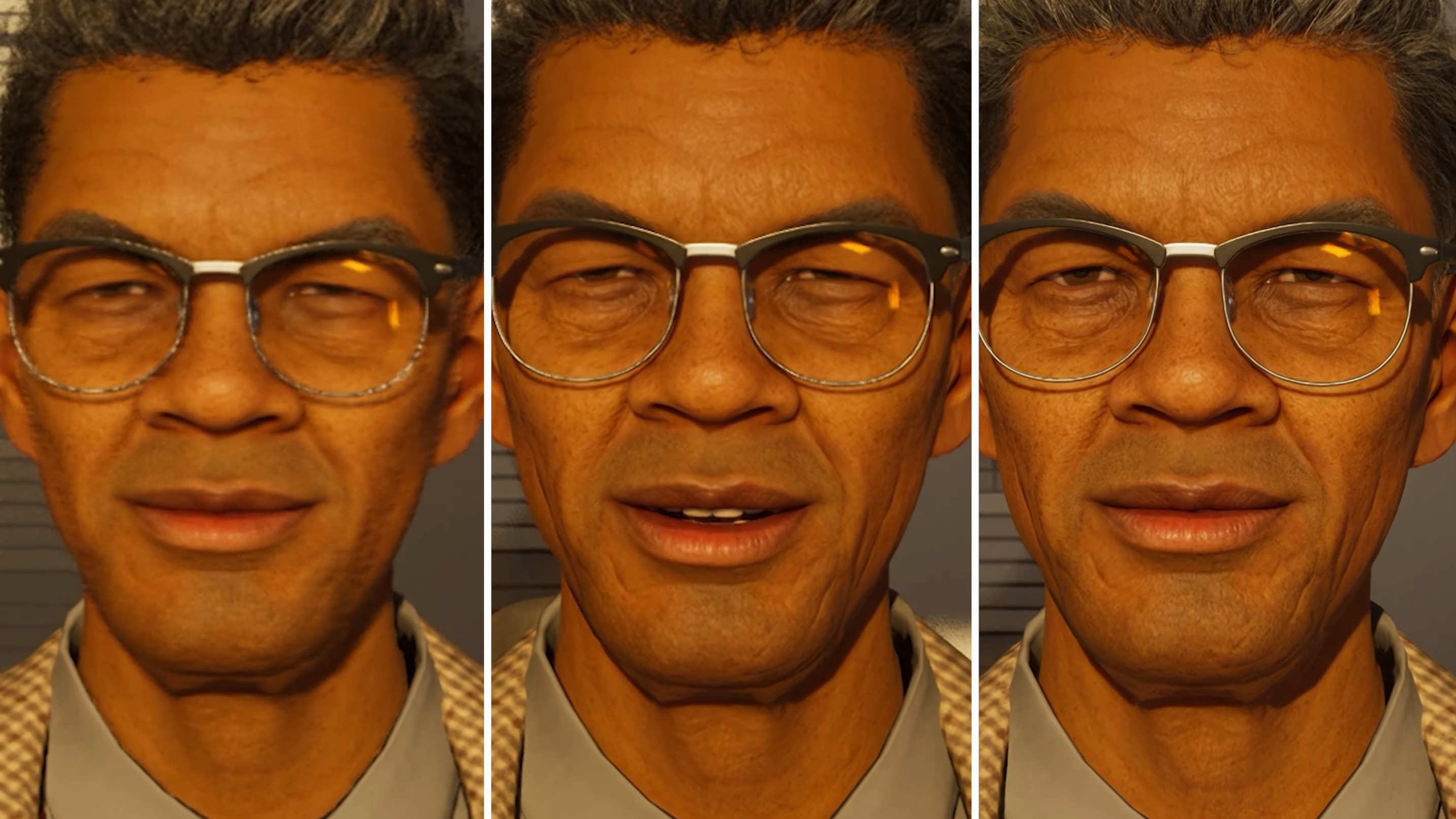uphko8axeseremd89sf8sn Inzoi - A Zoi's face in three graphical presets showing a progression from a slightly blurry minimum specs to a higher fidelity recommended specs.