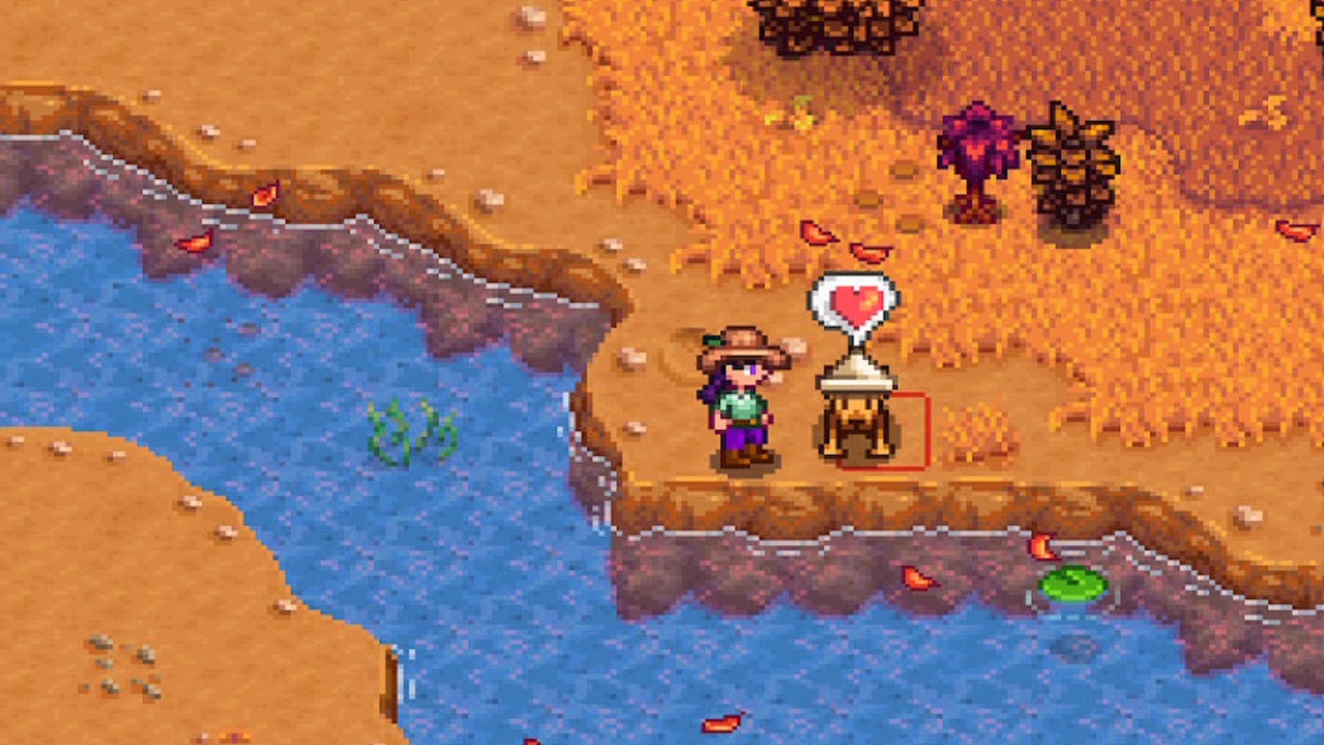 Stardew Valley screenshot of the farmer next to their pet dog who wears a paper hat