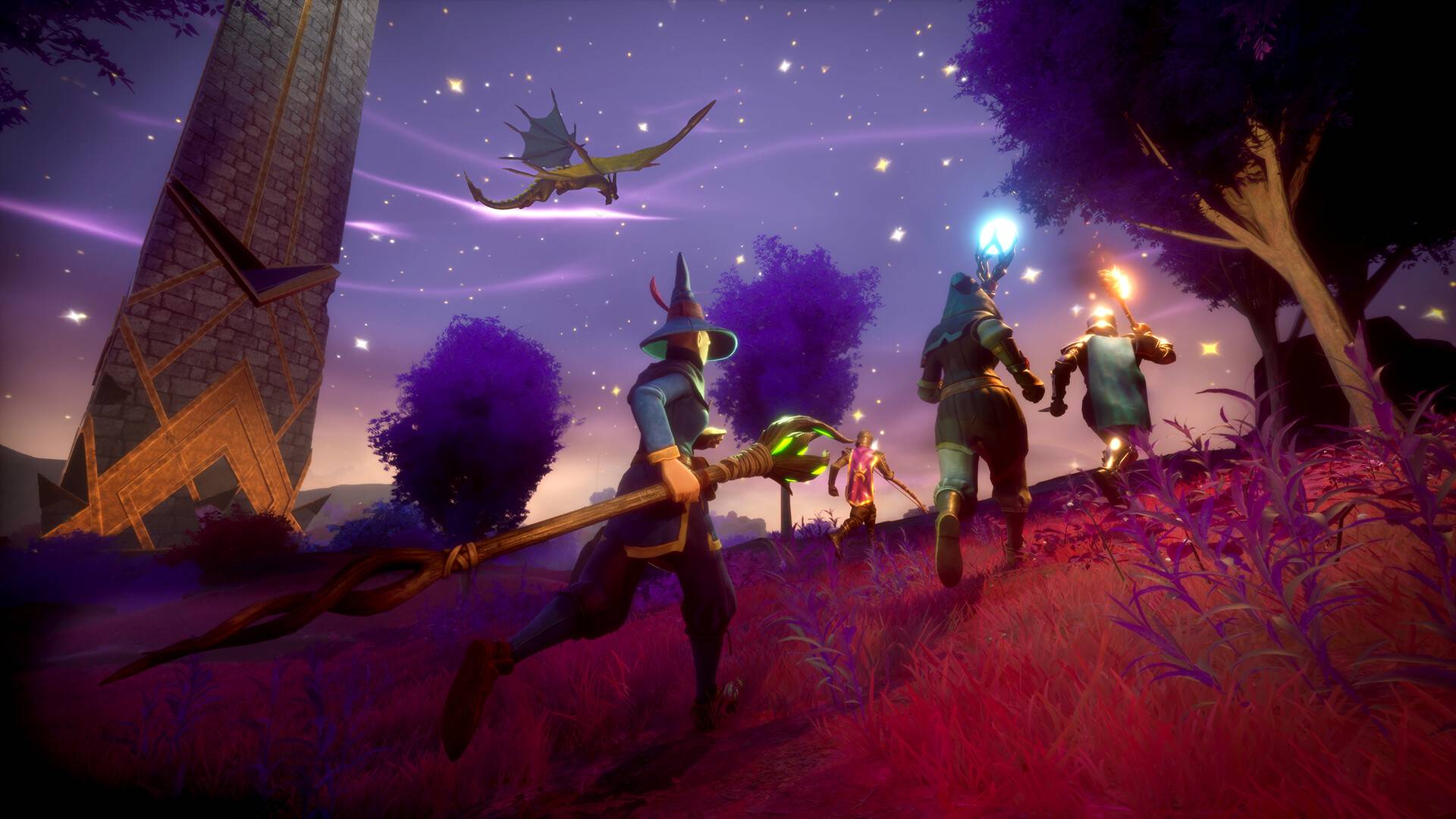A screenshot from RuneScape: Dragonwilds showing four characters adventuring under a starry sky, with a dragon overhead.