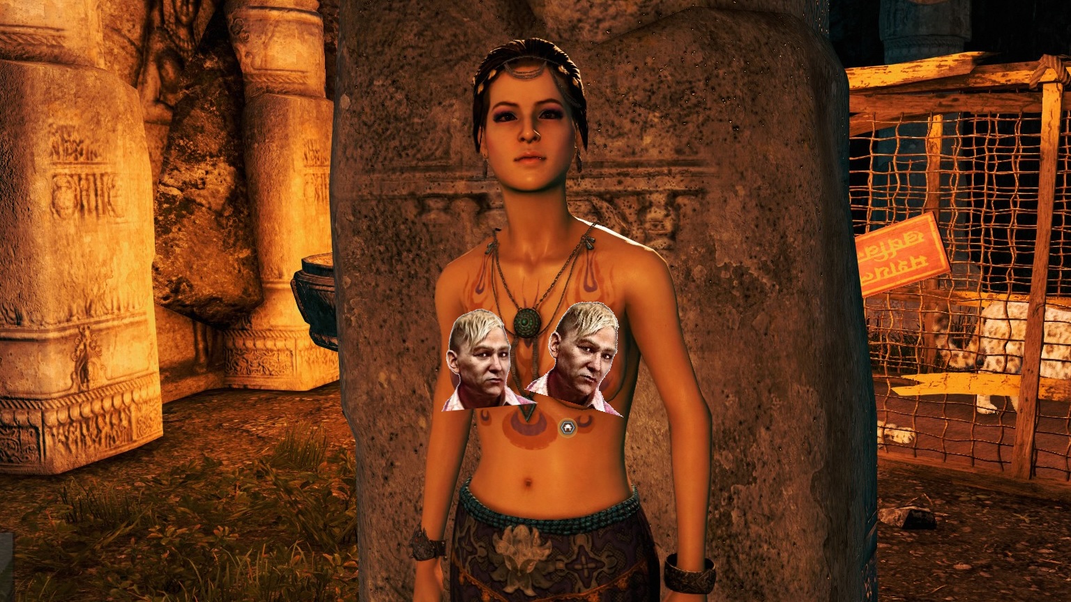 A woman in Far Cry 4, headshots of the game's villain Pagan Minh clumsily photoshopped over her exposed chest.