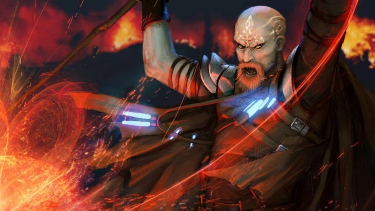 Concept art of NWN2 Warlock Ammon Jerro yelling while summoning fire