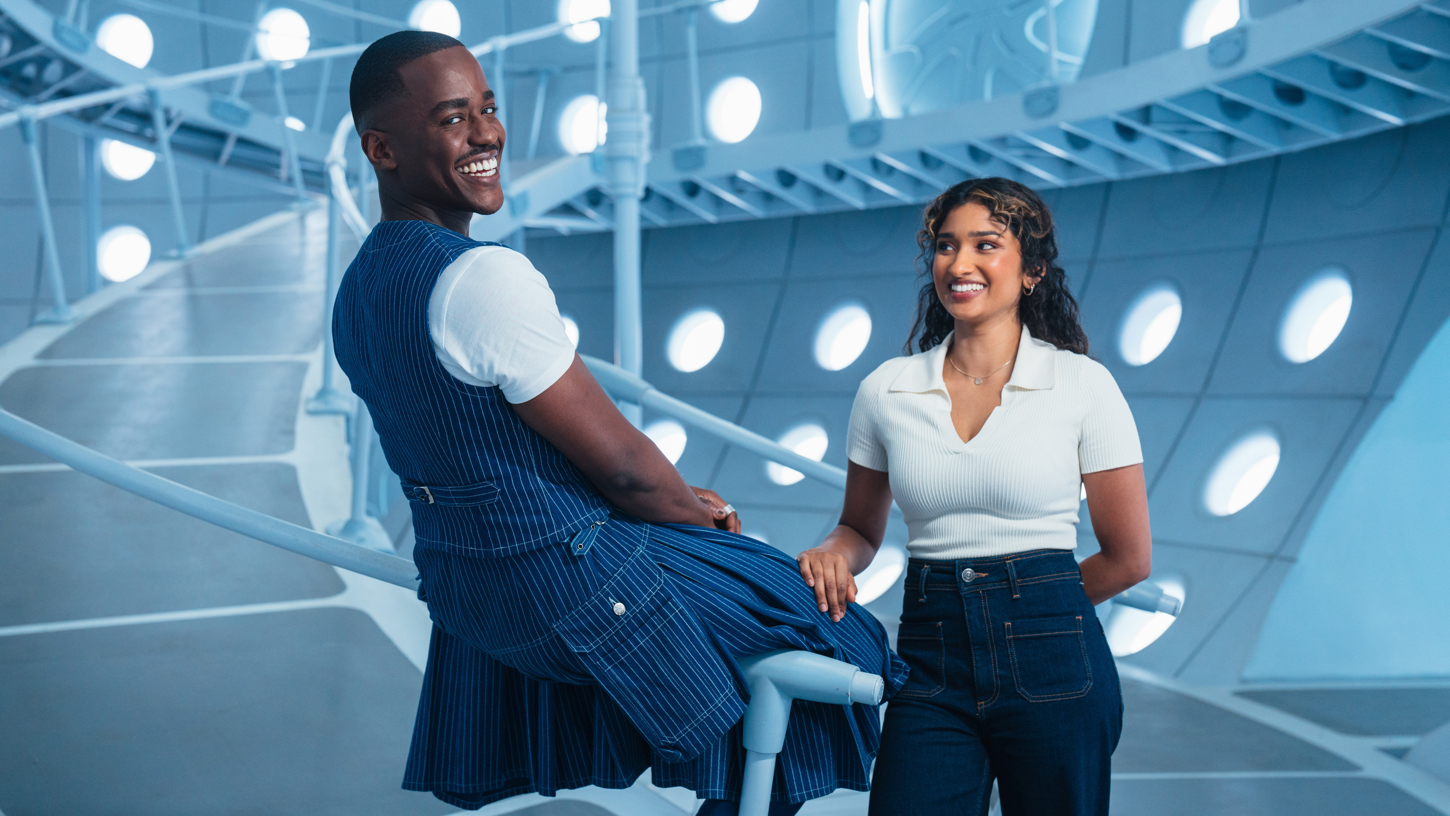 Ncuti Gatwa as the Doctor and Varada Sethu as Belinda Chandra in Doctor Who season 2.