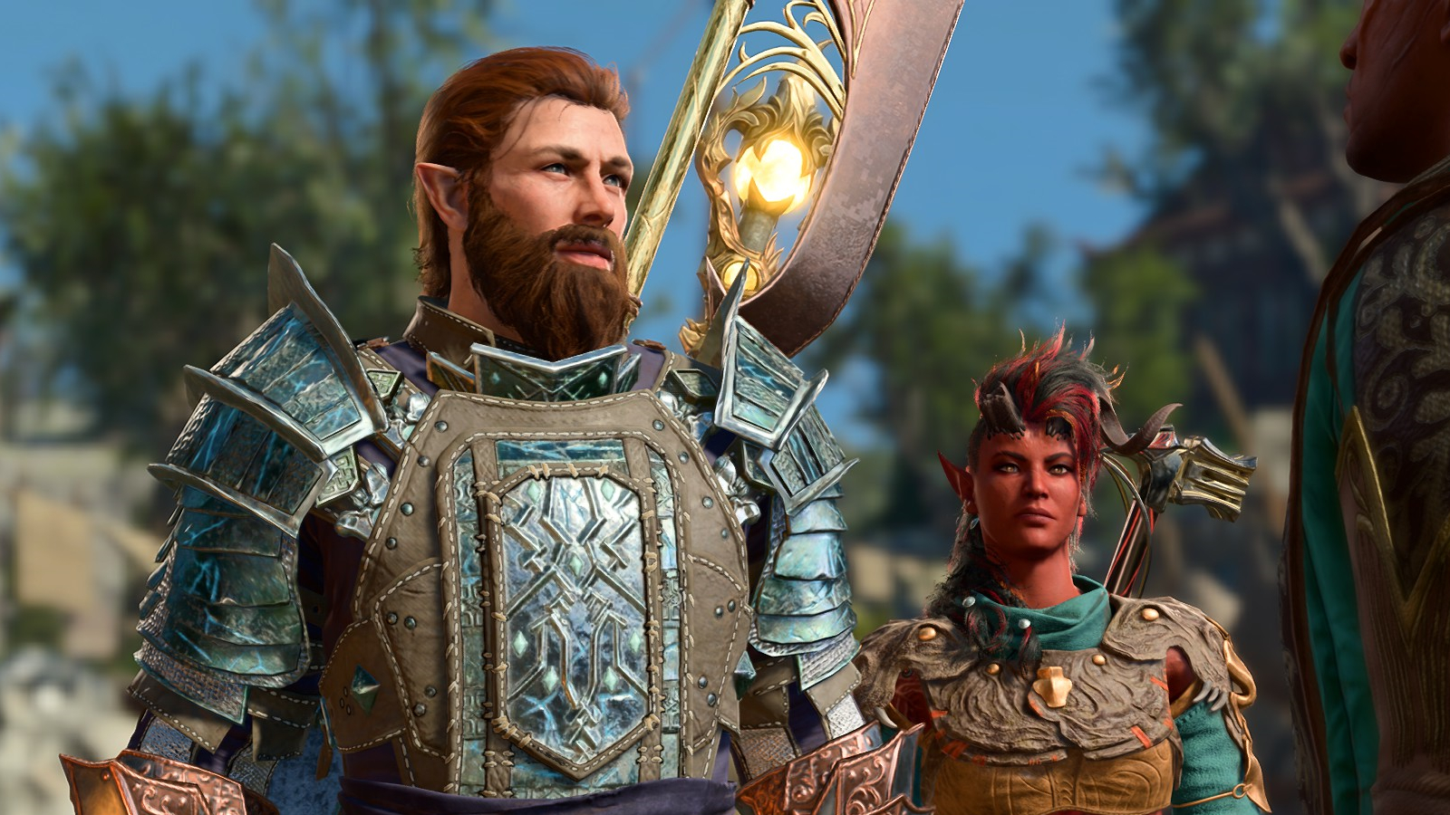 Baldur's Gate 3 — A half-elf paladin player character in conversation with a party member.