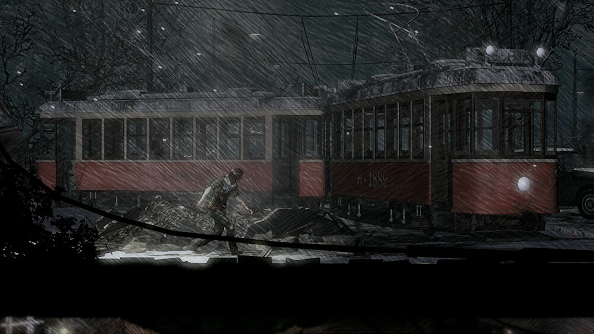 hbeqj59bqrzngv2iq5elvb-1 This War of Mine: Forget Celebrations screenshot - woman walking in front of a destroy streetcar