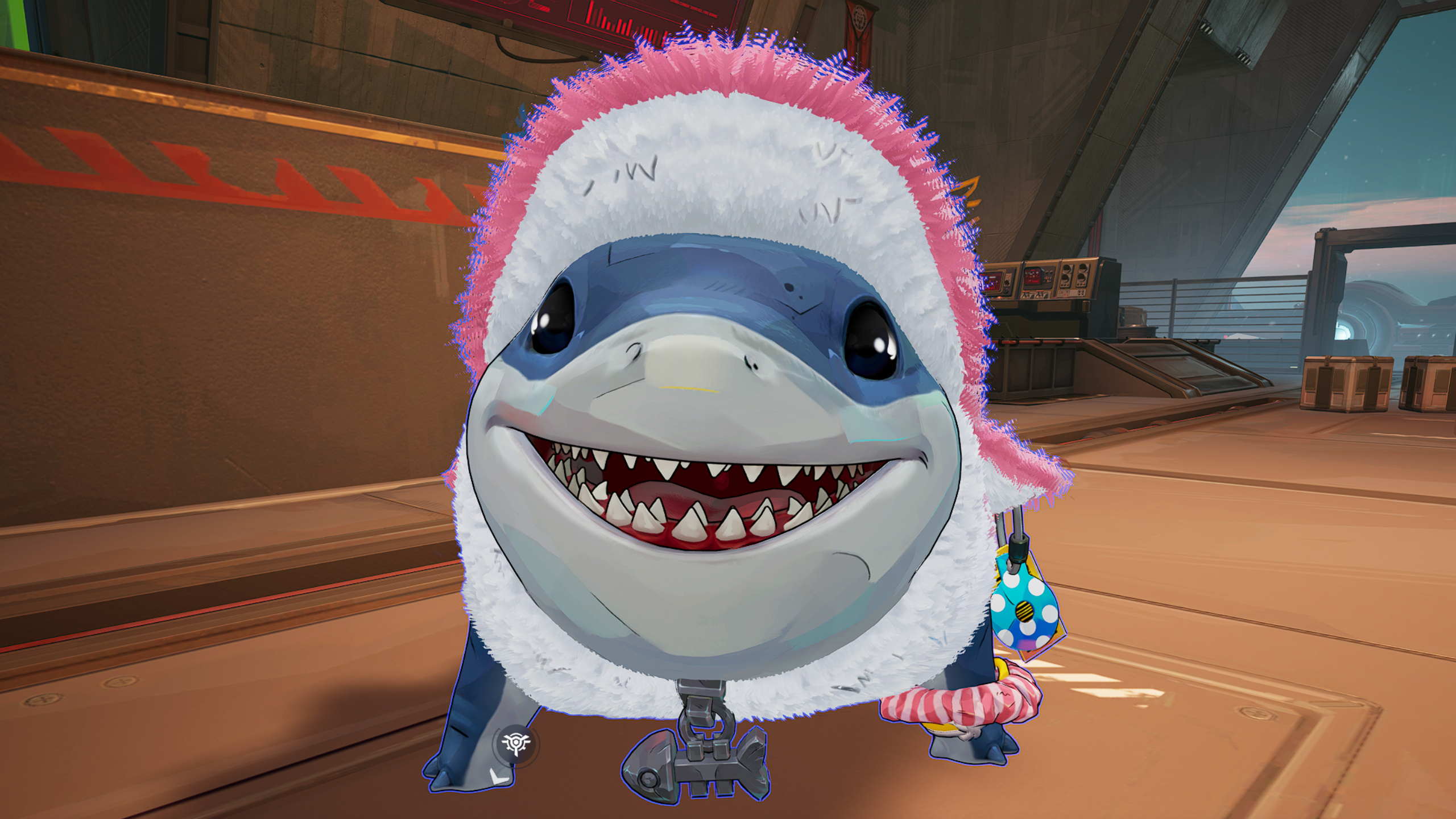 Marvel Rivals costume coins - A close-up of Jeff the Land Shark wearing a onesie and smiling.