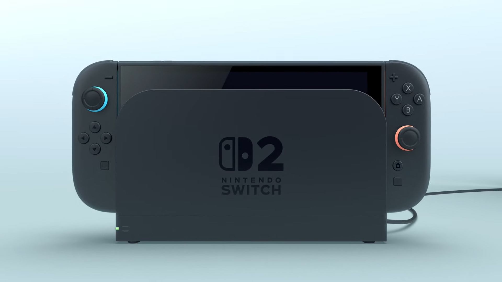 The Nintendo Switch 2 sits in its dock, each Joy-Con 2 sporting a blue and red stick accent across left to right - it is ready to be played