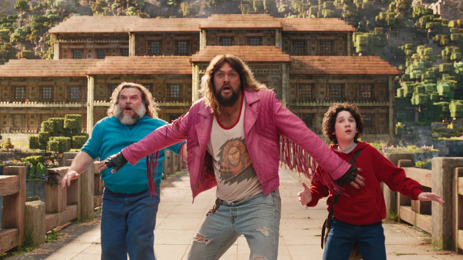 Jack Black, Jason Momoa, and Sebastian Hansen in A Minecraft Movie