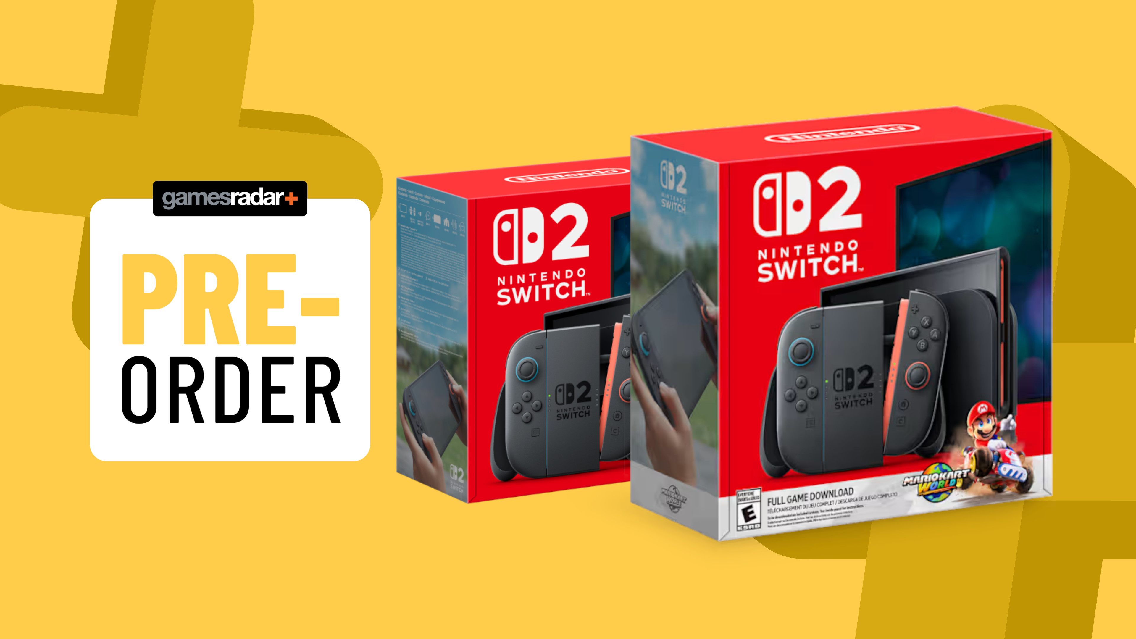 Nintendo Switch 2 console and Mario Kart World bundle on a yellow background with a badge saying 'pre-order'
